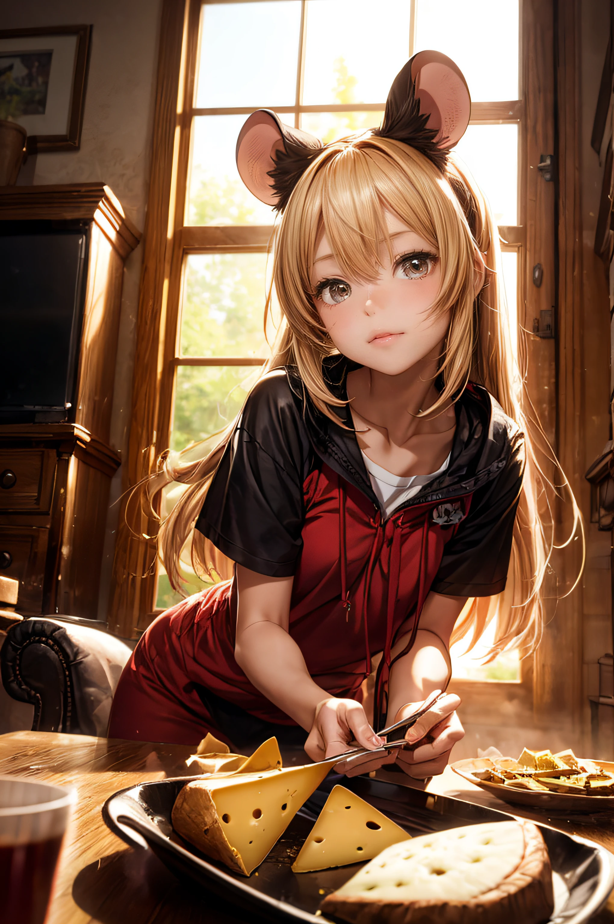 "Photograph capturing an anime-themed scene with a girl in mouse ears, enjoying cheese in a snug room. Golden hour-like lighting, anime ambiance, enchanting."
