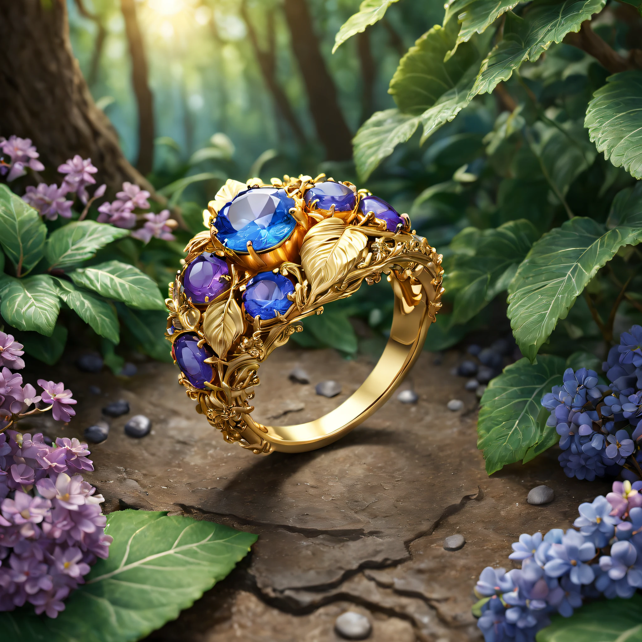 Product image of the ring，Gold ring set with blue-purple gemstones，tmasterpiece，（Very detailed CG unity 8K wallpaper），（best qualtiy），（Most Best Illustration），（Best shadow），The background is a forest theme with natural elements，blossoms，a warm color palette，surrounded by exquisite leaves and branches，rays of sunshine，（nature elements），（Jungle theme），（leafs），grape trees，butterflys，（exquisite leaves），（Particle effect），Isometric 3D，rendering by octane， Ray traching，ultra - detailed