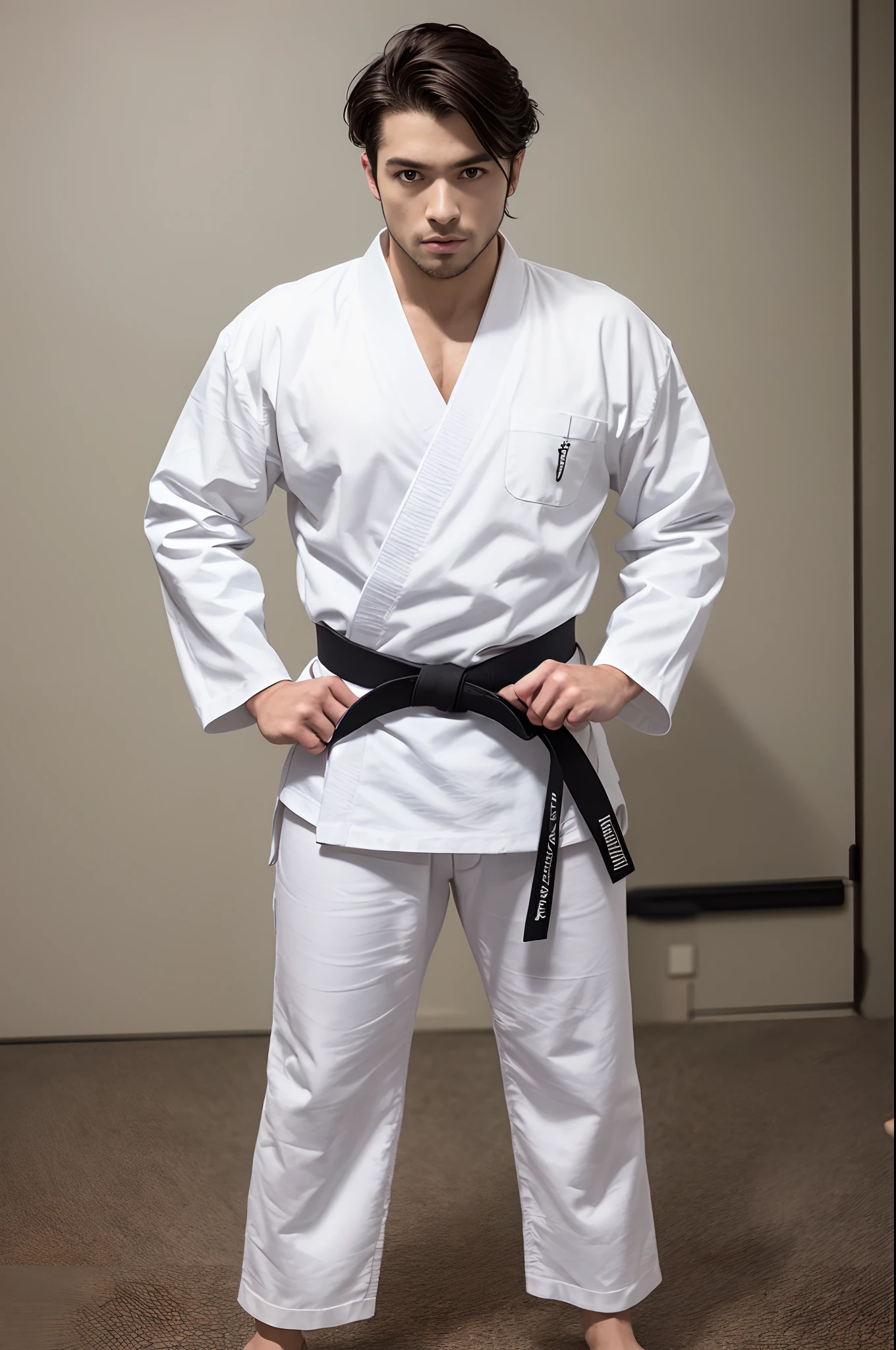 a picture, a handsome, 8k full body portrait of a man, Move ki, disheveled long hair, musculature, Detailed muscular physique, a picture, (​masterpiece, top-quality, top-quality, Official art), Photorealistic depiction,20yr old, Toned waist, long limbs, bare-legged, White Karate Uniform, White Hand Belt, White karate pants, Accurate depiction of details, Perfect skeleton, Look straight at your audience, sharp gaze