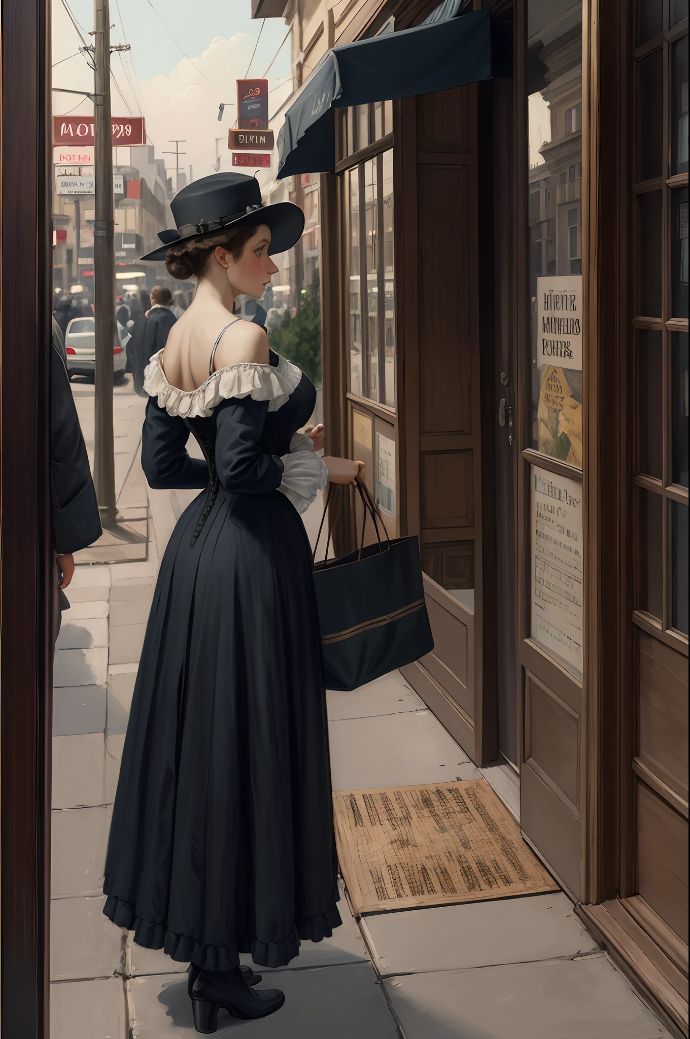 1800s impressionist of a prostitute woman looking from a motel window leaning on and looking down the crowded street, 1800s city, very detailed, very realistic , oil painting, visible brush strokes, lot of colors ,