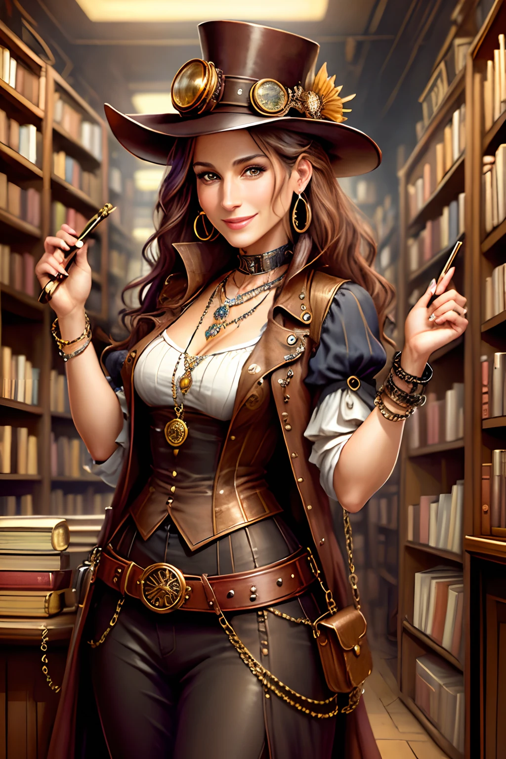 Steampunk, steampunk, smiling woman in a small bookstore, necklaces, earrings, bracelets, chains, shirts, vests, belts