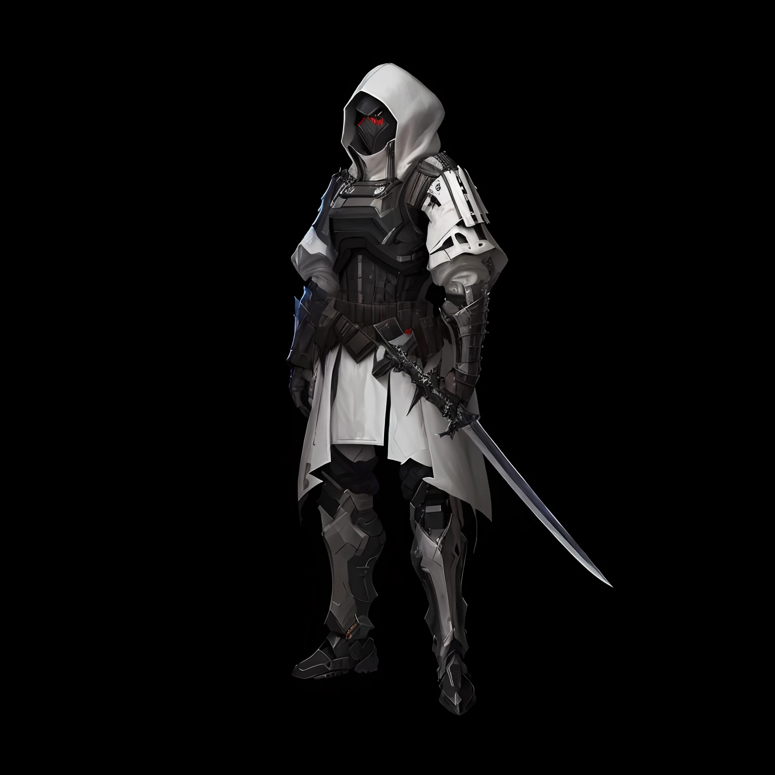 (Fidelity 1.3) Close-up of a man holding a sword in a hooded jacket, helghast, 8 k character concept art, 8k character concept art, in a dark space mercenary outfit, new character, Amazing 8K character concept art, intimidating full body armor, unreal engine character art, wearing techwear and armor, full body character concept art, male people, binh, Ark of tomorrow, White sweatshirt, White mask, White hood, Black body armor, photore, photorealestic, Real Human