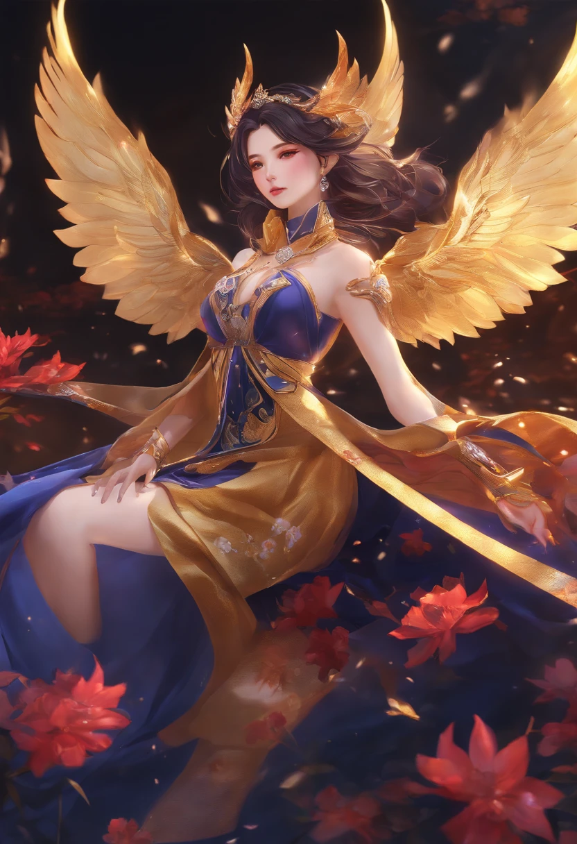 best quality,masterpiece,Ultra-high resolution,(photoactual:4:0),The Golden Palace,A beautiful Eastern nine-tailed fox woman,long hair shawl,Big breasts,thin waist,Wearing a black dragon and phoenix robe,Sitting on the Dragon Throne