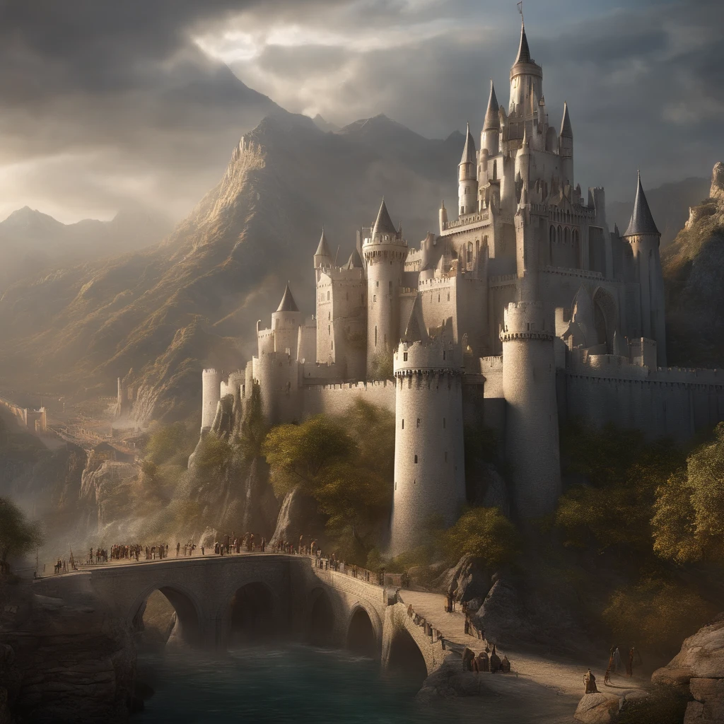 masterpiece, best quality, hd, hyper detailed, epic city, a white glorious medieval city, medieval, fantasy rpg, castle, perfect light, large city, minas tirith, giant dragon behind, high bright, ultra hd