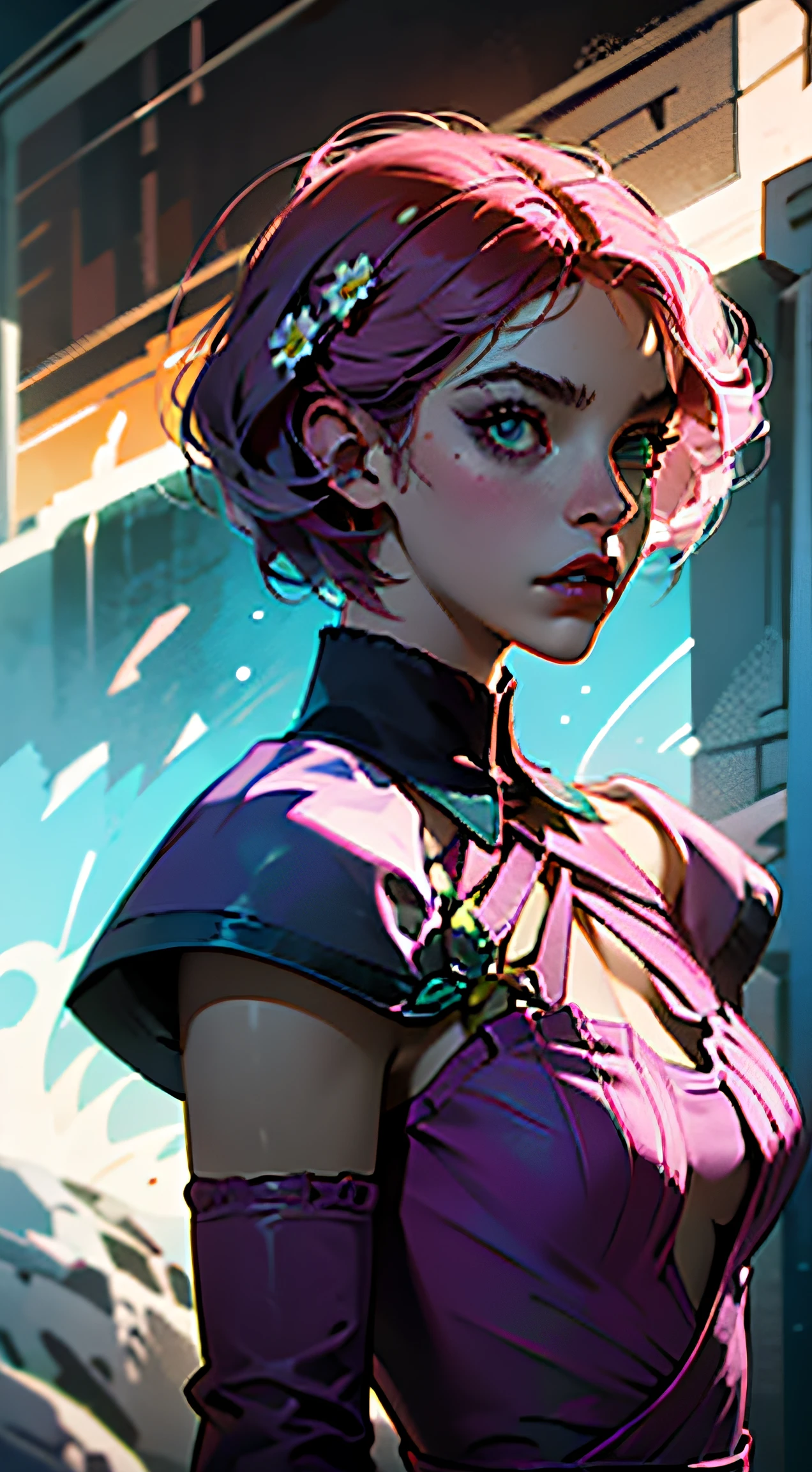 (master part, melhor qualidade) Alisa Rosto bonito, Olhos verdes detalhados , roupas elegantes e detalhadas , puffy lips ,Short Pink Hair Flower Accessories, (melhores detalhes) ( melhor qualidade) espetacular, dramatic scenery, Tekken