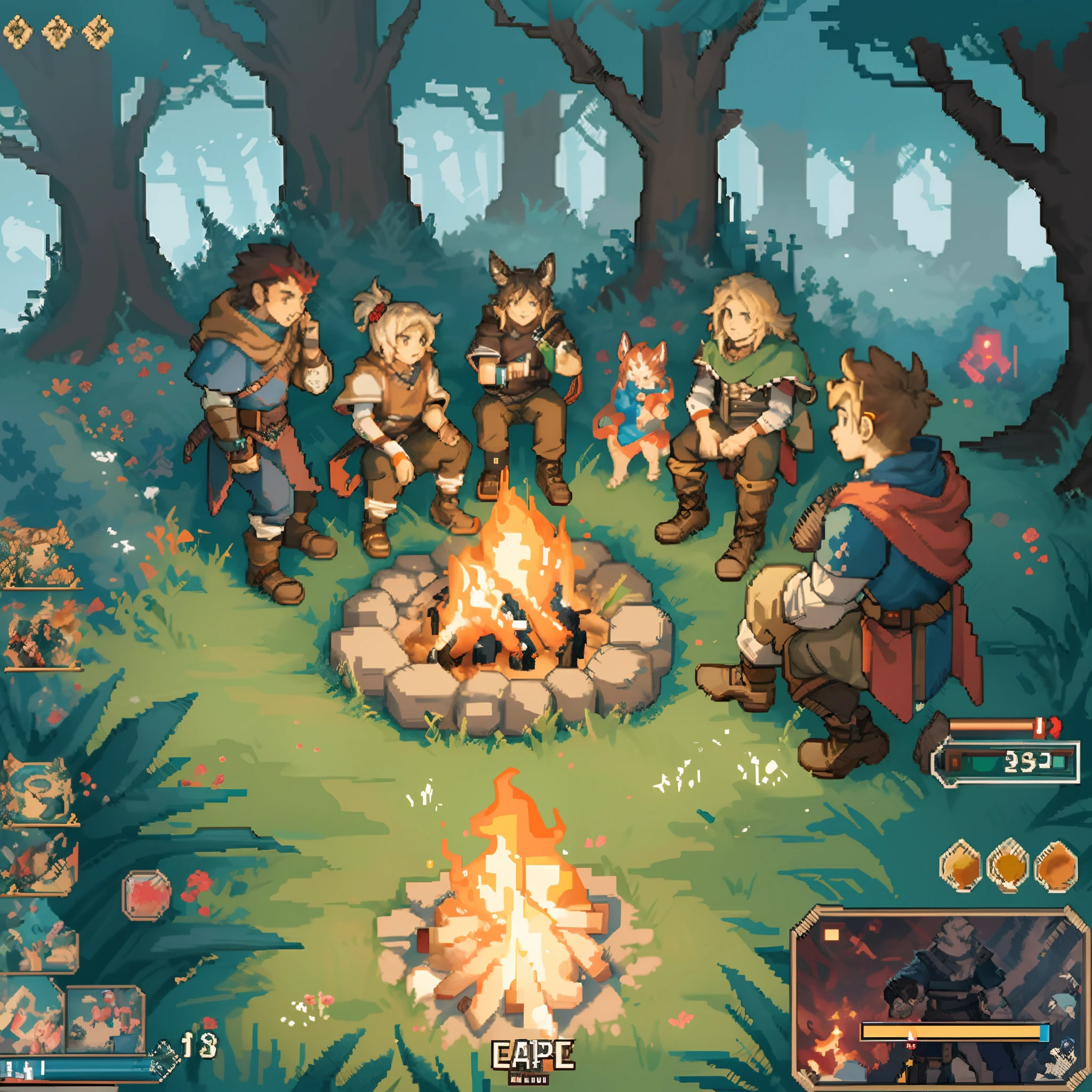 a screenshot of a game with a bunch of people around a campfire, rpg scene, coriolios rpg art style, dnd in a dark forest, epic rpg artwork, rpg artwork, beautiful detailed pixel art, detailed pixel art, rpg art, inside a rpg game, isometric pixelart, made in rpg maker, high quality pixel art, ultra detailed game art,