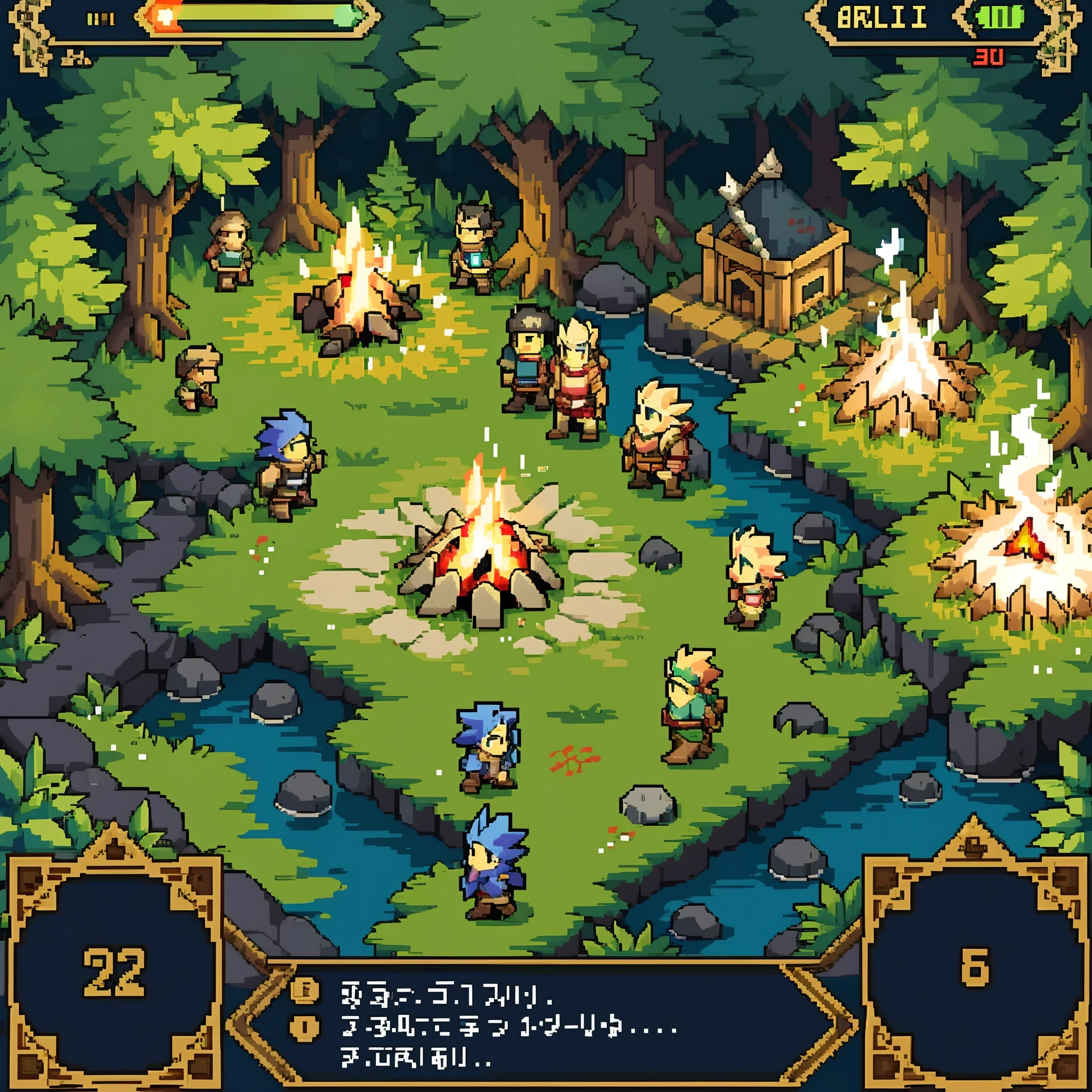 a screenshot of a game with a bunch of people around a campfire, rpg scene, coriolios rpg art style, dnd in a dark forest, epic rpg artwork, rpg artwork, beautiful detailed pixel art, detailed pixel art, rpg art, inside a rpg game, isometric pixelart, made in rpg maker, high quality pixel art, ultra detailed game art,