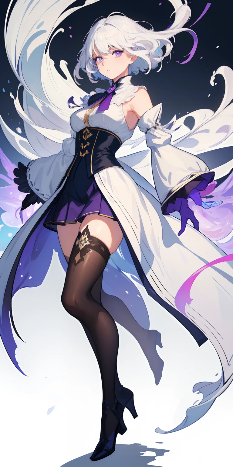 This character is a beautifully designed anime-like character with delicate features. She has long pastel purple hair that flows down to her ankles, and her bangs are swept to the side. Her eyes are large and expressive, with pink irises often seen on anime-style characters. She wears a fantasy-inspired outfit that combines purple and black colors with gold accents. The outfit includes a fitted bodice with a high collar, ruffles, lace detailing, and ribbon-knit thigh-high stockings. Characters are decorated with ribbon-like accessories, such as large ribbons in their hair and small ribbons in their costumes. She also has gold chains dangling from her hips and thighs. She is wearing a swimsuit, which often features frills and purple. It was midnight, and the darkness of the night highlighted the yellow stars. Her back is one-sided with angel wings.