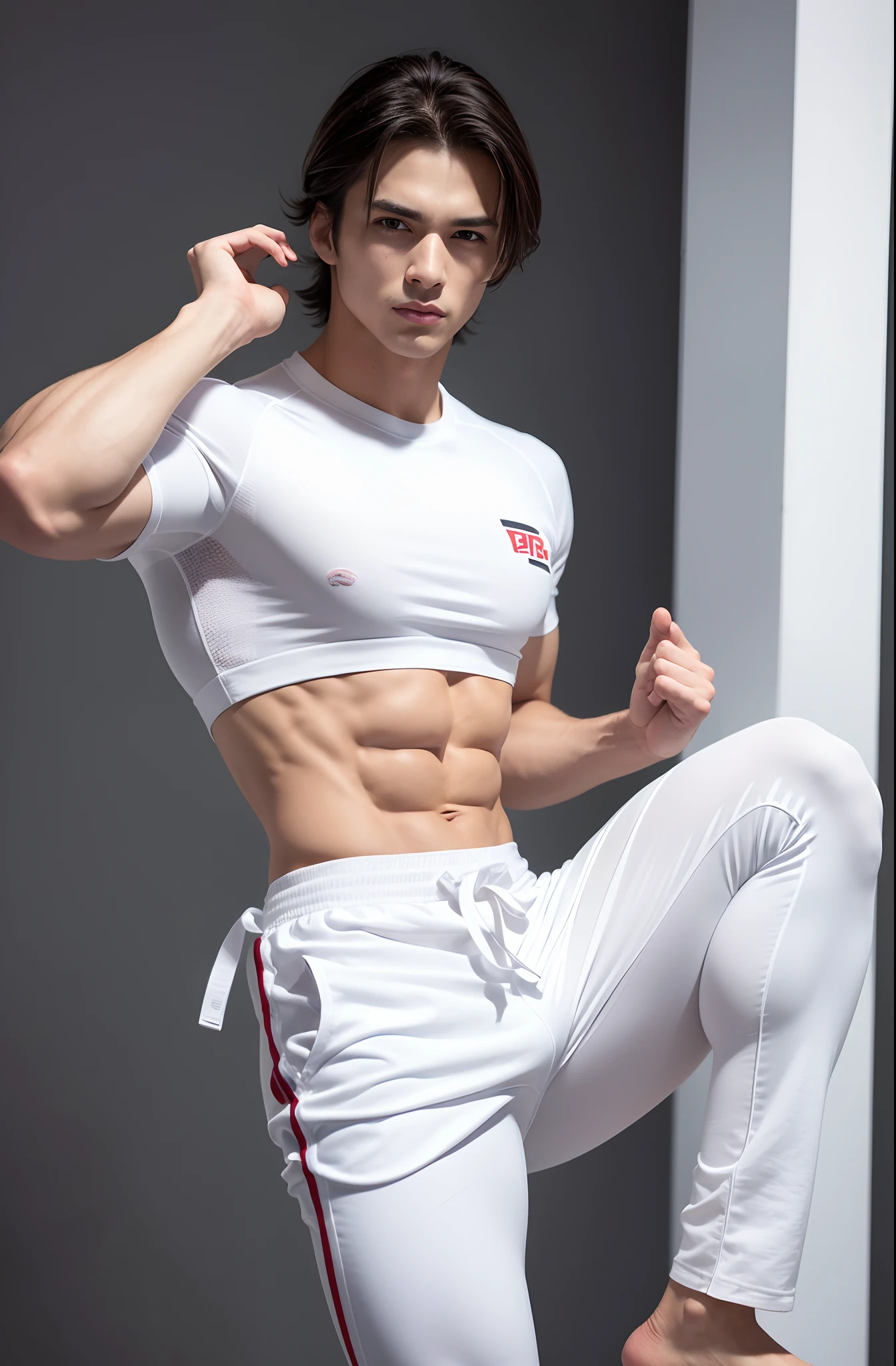 a picture, a handsome, 8k full body portrait of a man, Move ki, disheveled long hair, musculature, Detailed muscular physique, a picture, (masterpiece, top-quality, top-quality, Official art), Photorealistic depiction,20yr old, Make a high side kick, Toned waist, long limbs, bare-legged, White Karate Uniform, White karate pants, Accurate depiction of details, Perfect skeleton, Look straight at your audience, sharp gaze