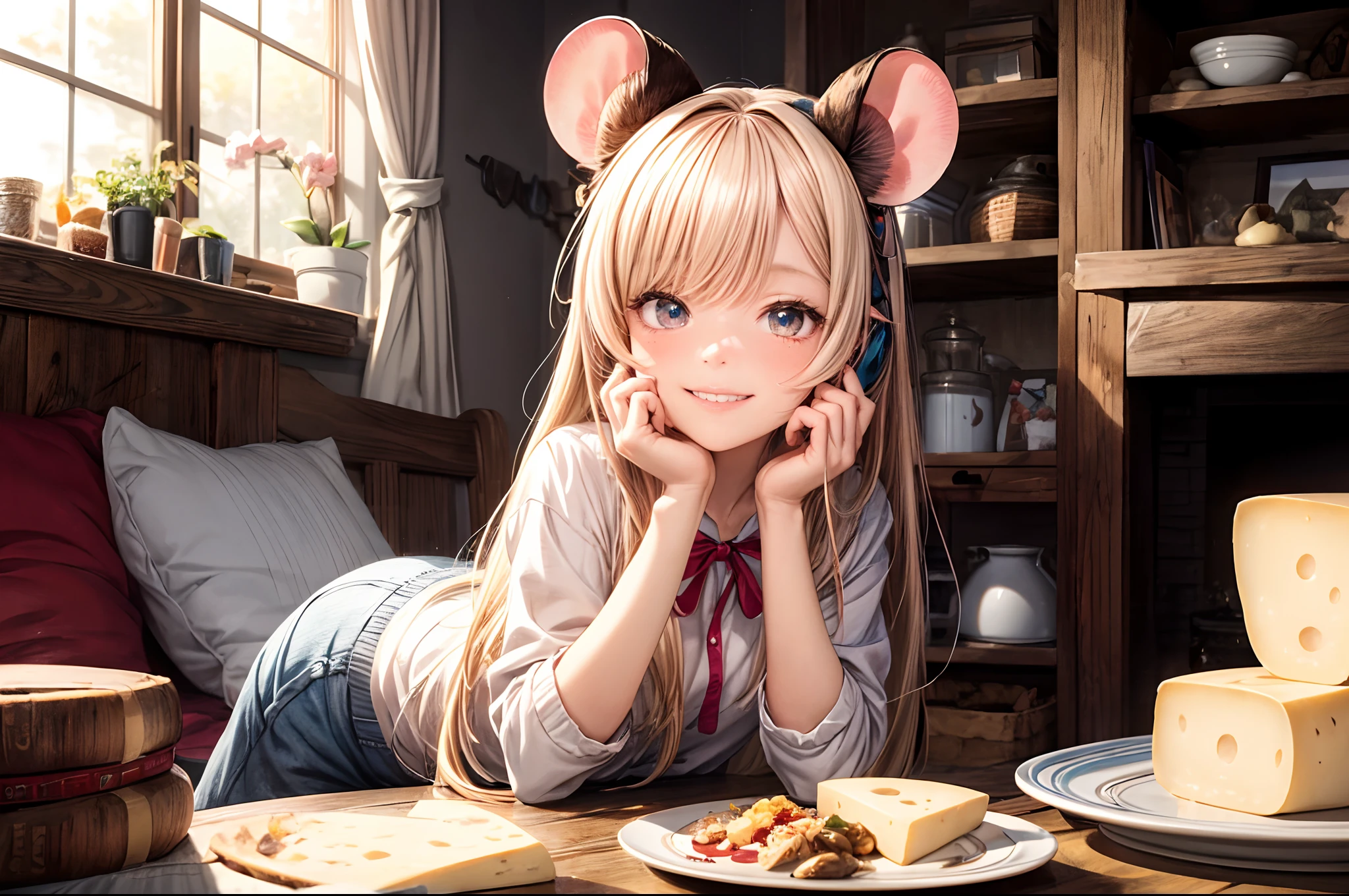 "A captivating anime-style illustration of a little girl grinning donning mouse ears, surrounded by cheese, in a cozy room. Vibrant colors, anime charm, heartwarming, the epitome of comfort and cuteness."