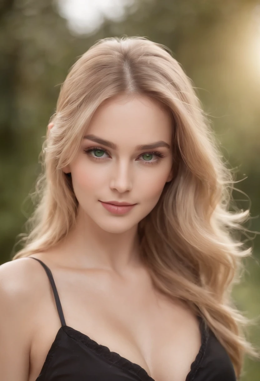 Hyper Realistic Photo, Full Body Walking, (OF A BEAUTIFUL WOMAN), Beautiful and detailed fascinations, captivating look with her beautiful green eyes, Perfect anatomy, posing before a reflex camera, with natural and bright light, reflects the light and shines in her beautiful soft and slightly wavy blonde hair, fashionably dressed in black fashionable top and pants, a topmodel, with great self-confidence, 4K UHD, a masterpiece, 3D rendering, smile, huge boobs, extremely large breast