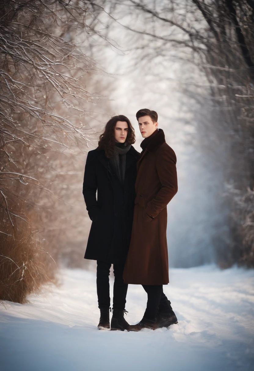 Two Guys Next to Me. First: Slender young man, Very beautiful face, fragile figure, Dark brown hair below the shoulders, white colored hair. One second: Triple Youth, Very beautiful face, fragile figure, light red hair, dark eyes, brown eye, hair above the shoulders. winter, cool colors.