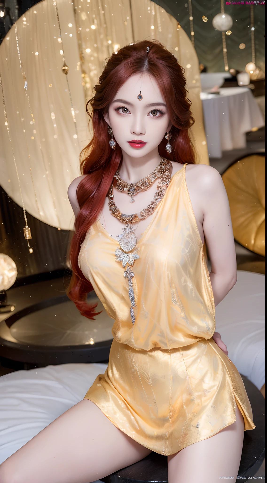 1 beautiful and sexy 20 year old girl, ((wearing traditional Hanfu armor with main colors purple and red:1)), not wearing pants, sexy hanfu style, ((long red hair:1.7)), jewelry elaborately made from precious stones and beautiful hair, ((wearing a 24k gold lace necklace:1.4)), the noble, noble style of an extremely beautiful girl, her small face is super cute, her face is very pretty, thin eyebrows, flawless beautiful face, ((black eye pupils: 0.8)), very beautiful eyes, ((light red eyes: 1)), (((big round eyes:1.6))), nice makeup and hair detailed eyelashes, steamy eye makeup, high nose, earrings, red lips, ((closed mouth: 1.5)) beautiful lips, slim hands, most beautiful thighs, ((arms spread out to the sides: 1.5)), rosy face, clean face, flawless beautiful face, smooth white skin, (big breasts: 1.5)), tight breasts, beautiful cleavage, (((big breasts and super round: 1.8))), beautiful breasts, perfect body, ((put girl's arms behind her back:1.6)), chest out, sit down on the bed, ((Open your legs:1.5)), not ashamed, 8k photo, super high quality, super realistic, super 10x pixels, optical, bright studio, bright edges, dual-tone lighting, (high-detail skin:1.2), super 8k, soft lighting, high quality, volumetric lighting, photorealistic, photorealistic high resolution, lighting, best photo, 4k, 8k quality, smooth sharp, 10x pixel, ((royal villa background:1.5)), aurora, lightning, super graphics realistic, most realistic graphics, 1 girl, alone, solo, Extremely sharp image, surreal, ((portrait:1.5))."