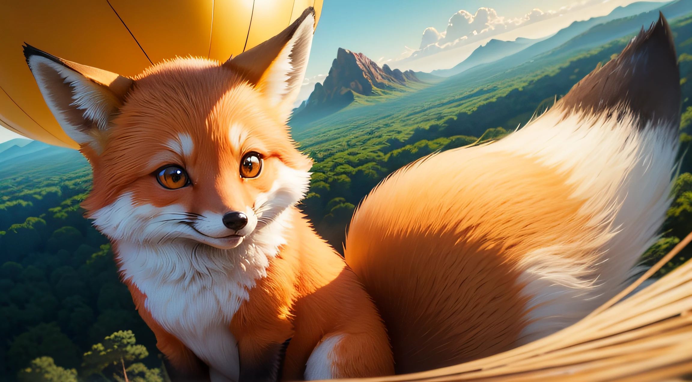 close view of a cute fox in air yellow balloon, flying over forest, close-up, Pixar movie style, big eyes, bright eyes, pretty eyes, smiling, amazing sky, Day Light, high quality, mountains on the horizon