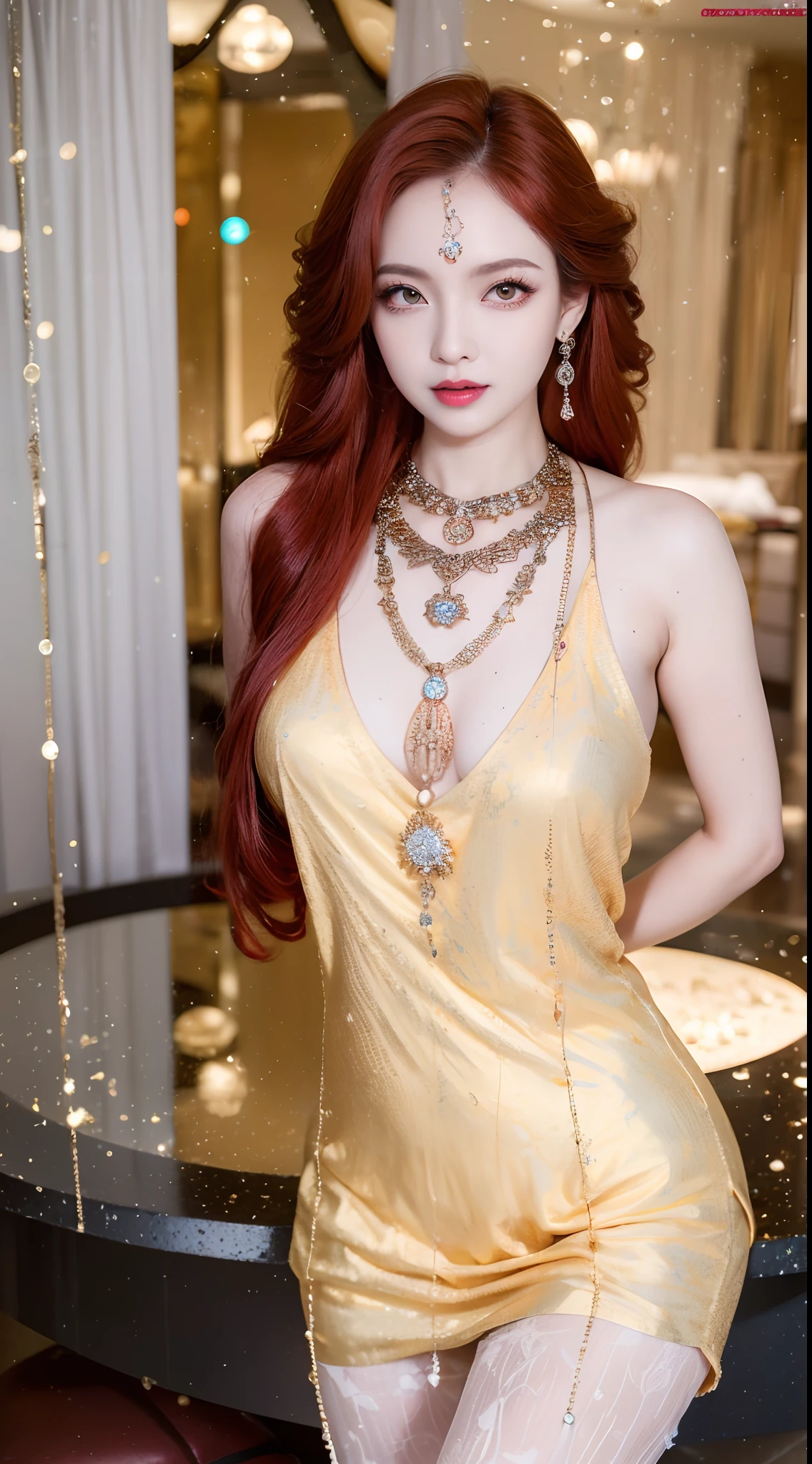 1 beautiful and sexy 20 year old girl, ((wearing traditional Hanfu armor with main colors purple and red:1)), not wearing pants, sexy hanfu style, ((long red hair:1.7)), jewelry elaborately made from precious stones and beautiful hair, ((wearing a 24k gold lace necklace:1.4)), the noble, noble style of an extremely beautiful girl, her small face is super cute, her face is very pretty, thin eyebrows, flawless beautiful face, ((black eye pupils: 0.8)), very beautiful eyes, ((light red eyes: 1)), (((big round eyes:1.6))), nice makeup and hair detailed eyelashes, steamy eye makeup, high nose, earrings, red lips, ((closed mouth: 1.5)) beautiful lips, slim hands, most beautiful thighs, ((arms spread out to the sides: 1.5)), rosy face, clean face, flawless beautiful face, smooth white skin, (big breasts: 1.5)), tight breasts, beautiful cleavage, (((big breasts and super round: 1.8))), beautiful breasts, perfect body, ((put girl's arms behind her back:1.6)), chest out, sit down on the bed, ((Open your legs:1.5)), not ashamed, 8k photo, super high quality, super realistic, super 10x pixels, optical, bright studio, bright edges, dual-tone lighting, (high-detail skin:1.2), super 8k, soft lighting, high quality, volumetric lighting, photorealistic, photorealistic high resolution, lighting, best photo, 4k, 8k quality, smooth sharp, 10x pixel, ((royal villa background:1.5)), aurora, lightning, super graphics realistic, most realistic graphics, 1 girl, alone, solo, Extremely sharp image, surreal, ((portrait:1.5))."