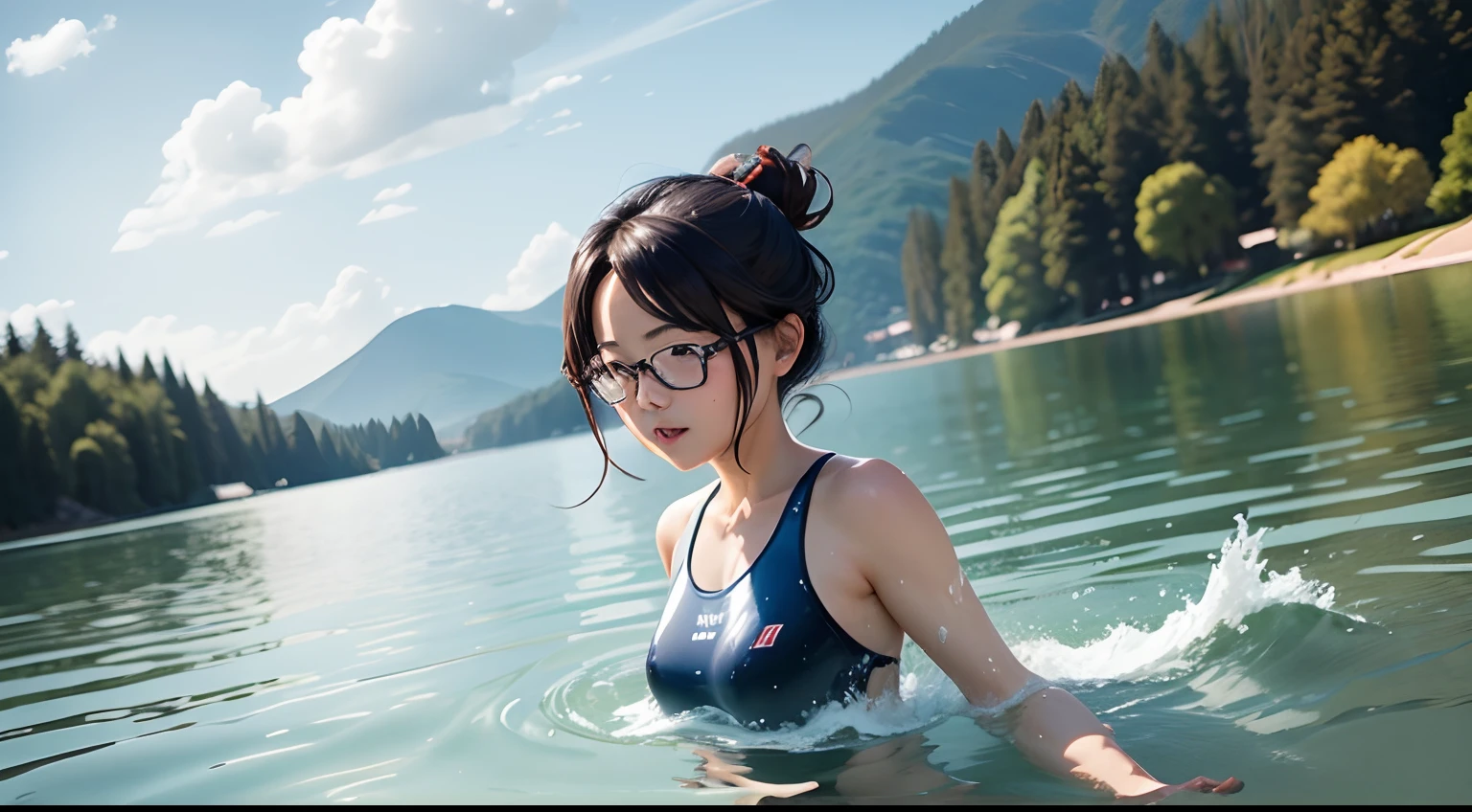Create a picture of Mei-Lin swimming in the waters of the lake.