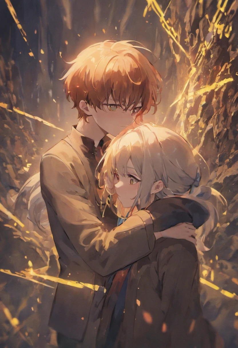 Two Guys Next to Me. First: Slender young man, Very beautiful face, fragile figure, Dark brown hair below the shoulders, white colored hair. One second: Triple Youth, Very beautiful face, fragile figure, light red hair, dark eyes, brown eye, hair above the shoulders. winter, cool colors.