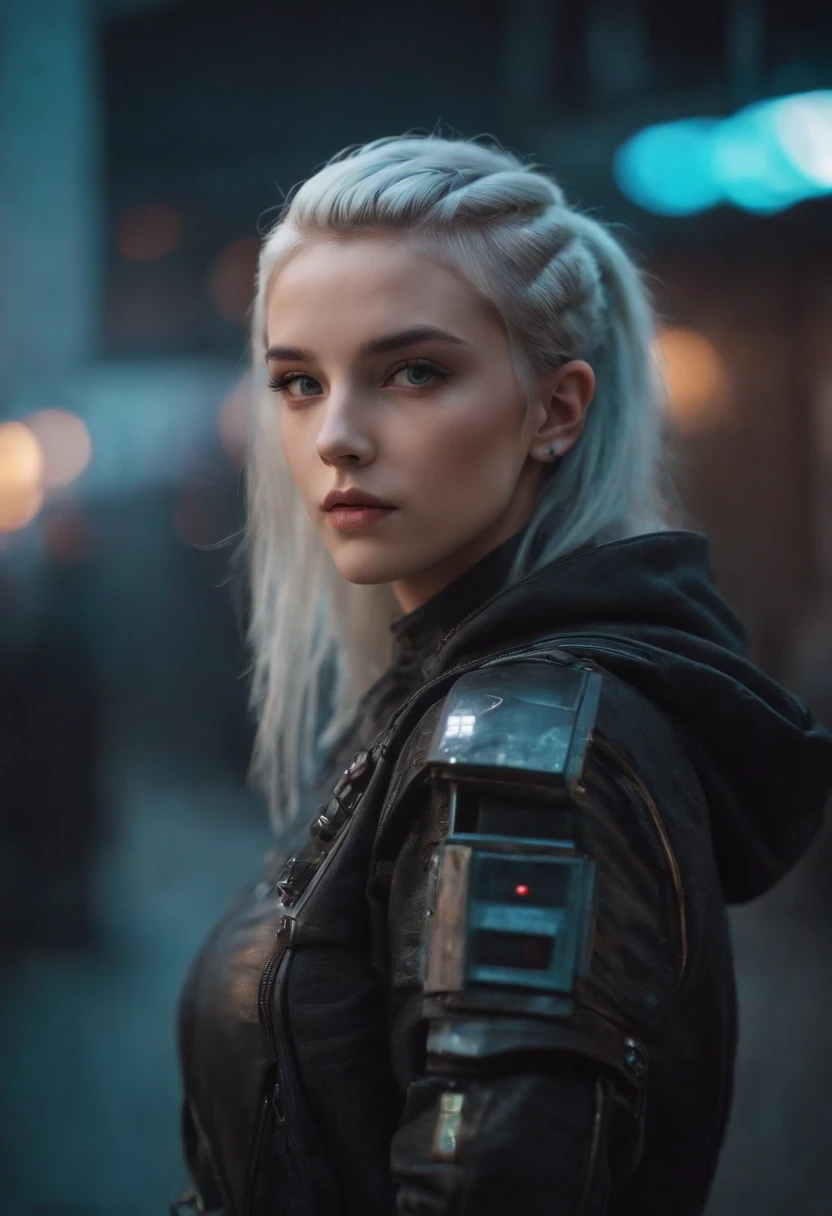 Create a Cyberpunk Young Girl Image, who demonstrates their confidence and ability to persuade their point of view. Incorporate cyberpunk elements into your look, such as an unusual hairstyle, Jewelry & Accessories.