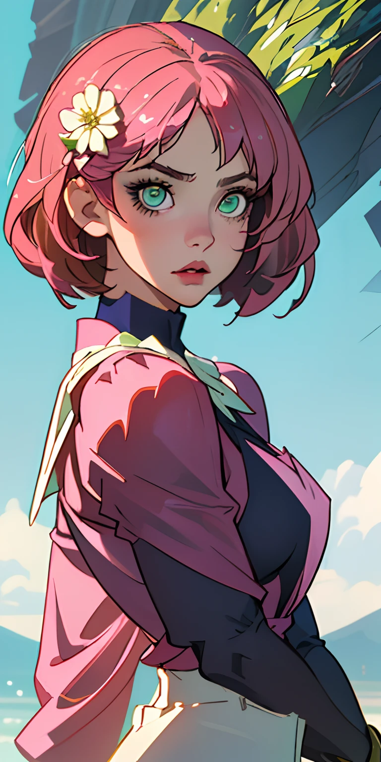 (melhor qualidade, obra-prima), 1girl, olhando para o espectador, fundo desfocado, parte sup(master part, melhor qualidade) Alisa Rosto bonito, Olhos verdes detalhados , roupas elegantes e detalhadas , puffy lips ,Short Pink Hair Flower Accessories, (melhores detalhes) ( melhor qualidade) espetacular, dramatic scenery, Tekken
erior do corpo, contemporary, vestido