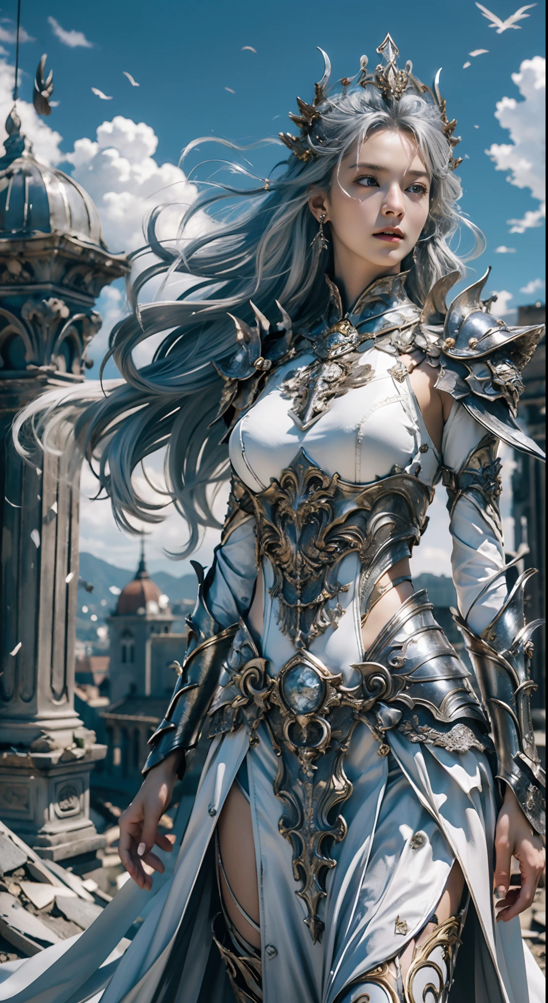 Masterpiece, ((1girl, standing on ruined buildings, close-up, realistic)), realistic visuals, artistic refinement, captivating beauty, beautiful eyes, looking at viewer, silver hair, perfect body, aura body, dramatic contrasts, 8k wallpapers, absurdity, incredible absurdity, silver armor, (holding silver sword)), hair floating in the air, ((dynamic pose:1.2)), ((best quality: 1.5))