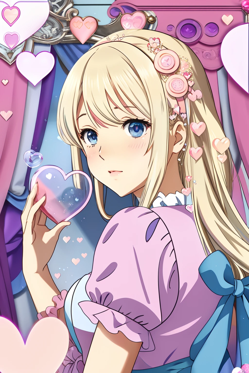 Light blonde haired anime girl with pale blueish violet colored eyes wearing a romantic pink dress, surrounded by pink hearts and heart shaped bubbles