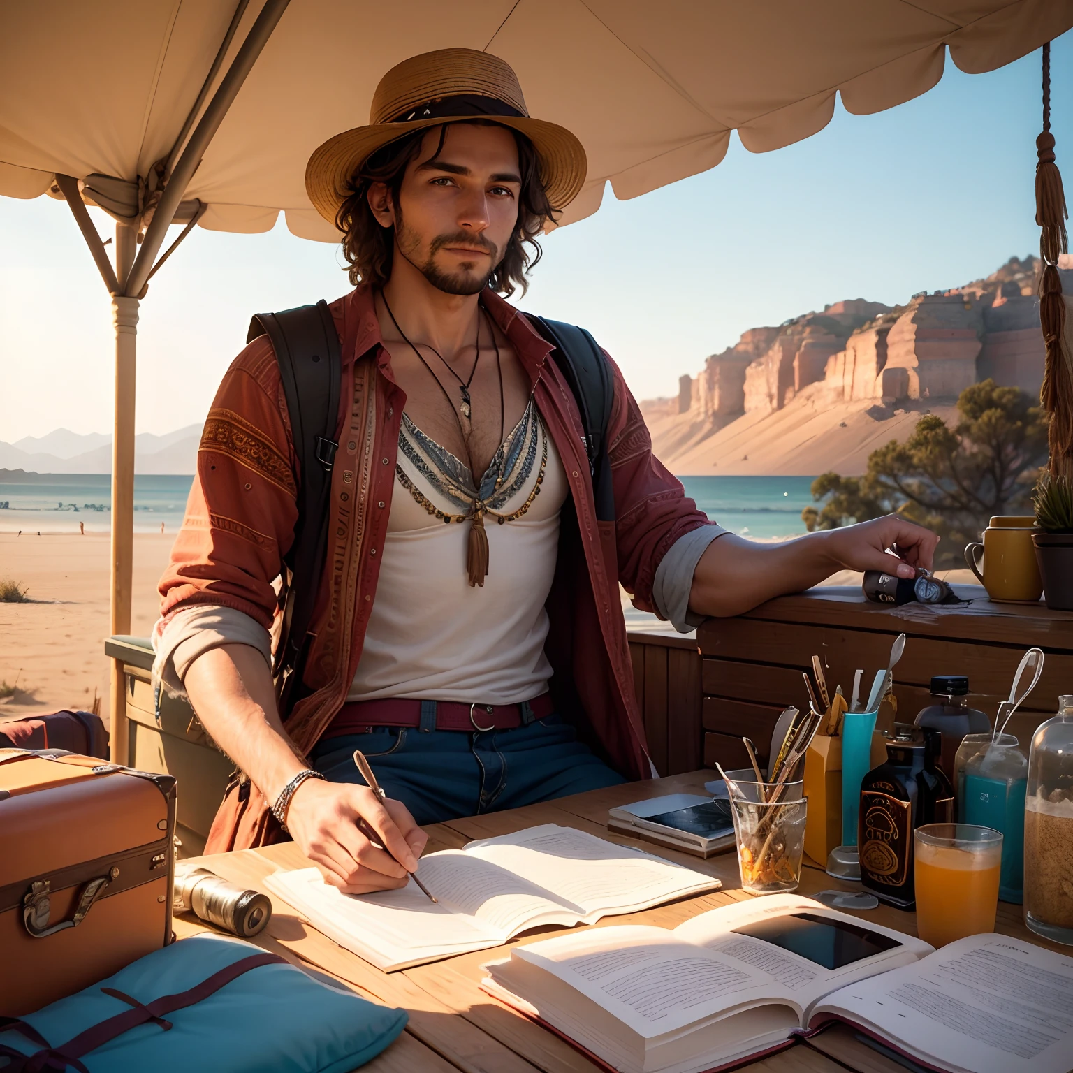 A Bohemian man  packing to travel the world