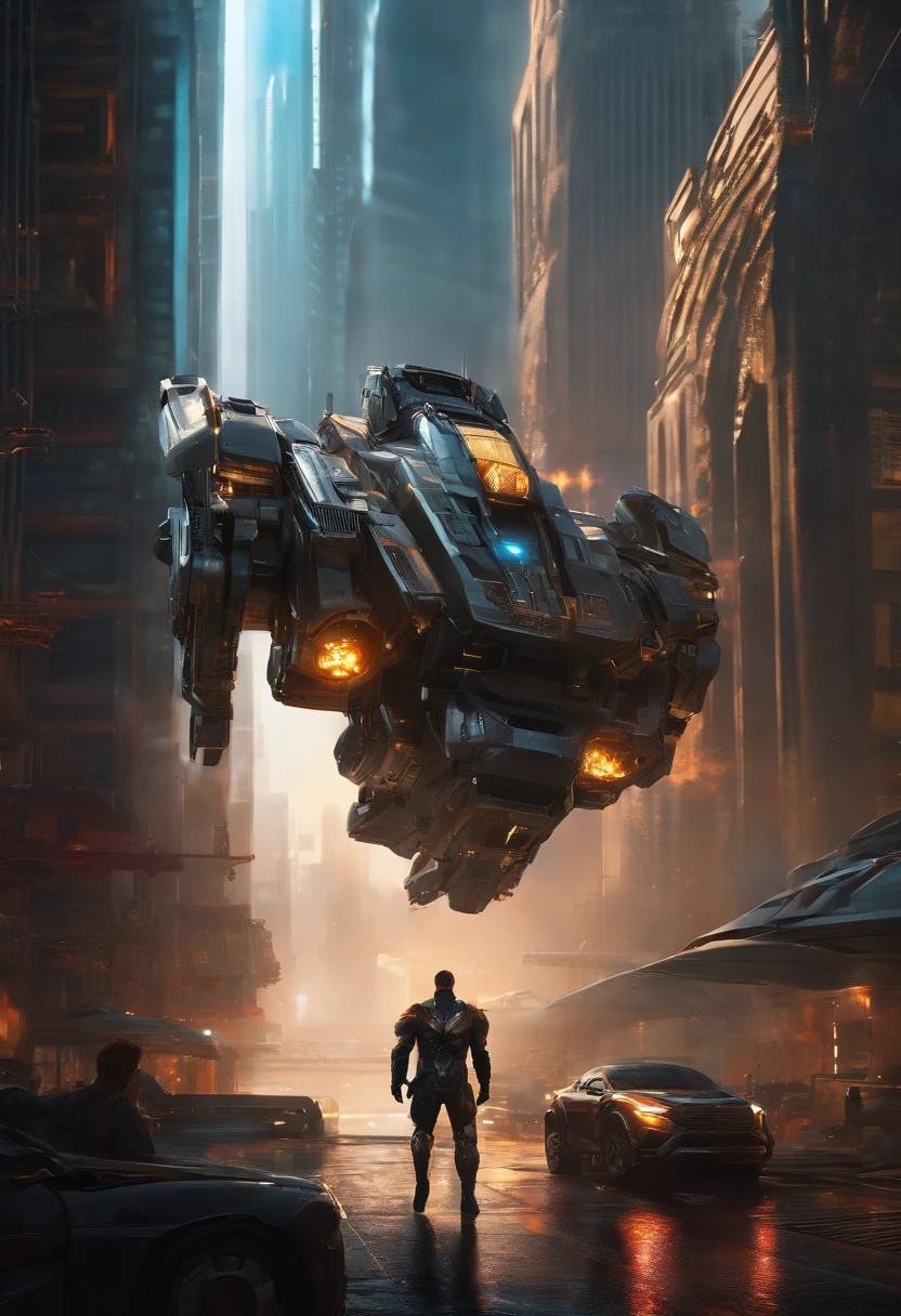 (a conceptual tank of the future), digital art, shiny metallic surface, advanced weaponry, dynamic and sleek design, imposing and powerful presence, cutting-edge technology and innovation, futuristic cityscape in the background, vibrant and intense color palette, dramatic lighting effects, detailed and intricate mechanical parts, high contrast and sharp focus, professional digital painting techniques, sci-fi aesthetic