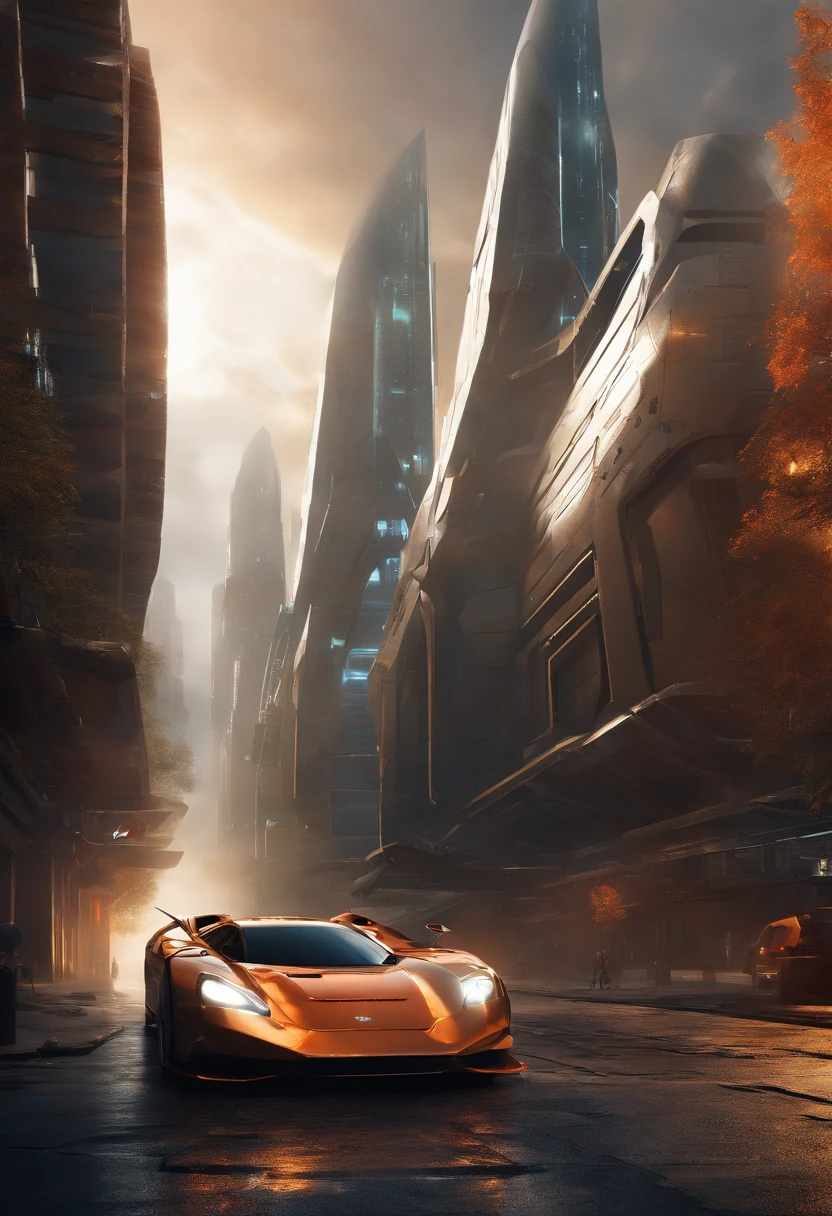(a conceptual tank of the future), digital art, shiny metallic surface, advanced weaponry, dynamic and sleek design, imposing and powerful presence, cutting-edge technology and innovation, futuristic cityscape in the background, vibrant and intense color palette, dramatic lighting effects, detailed and intricate mechanical parts, high contrast and sharp focus, professional digital painting techniques, sci-fi aesthetic