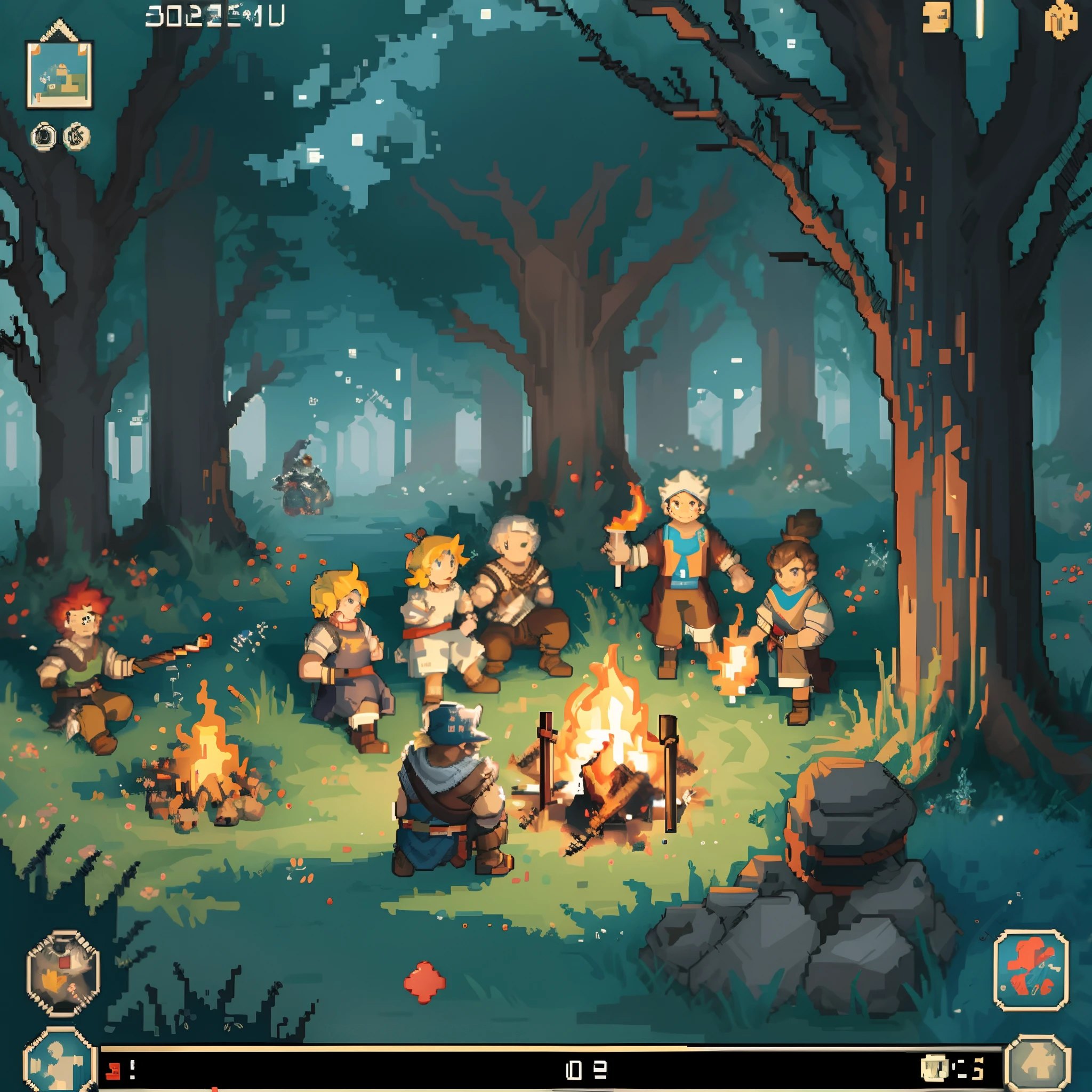a screenshot of a game with a bunch of people around a campfire, pixel art inspired by Dan Mumford, featured on polycount, pixel art, rpg scene, coriolios rpg art style, dnd in a dark forest, epic rpg artwork, rpg artwork, beautiful detailed pixel art, detailed pixel art, rpg art, inside a rpg game, isometric pixelart,