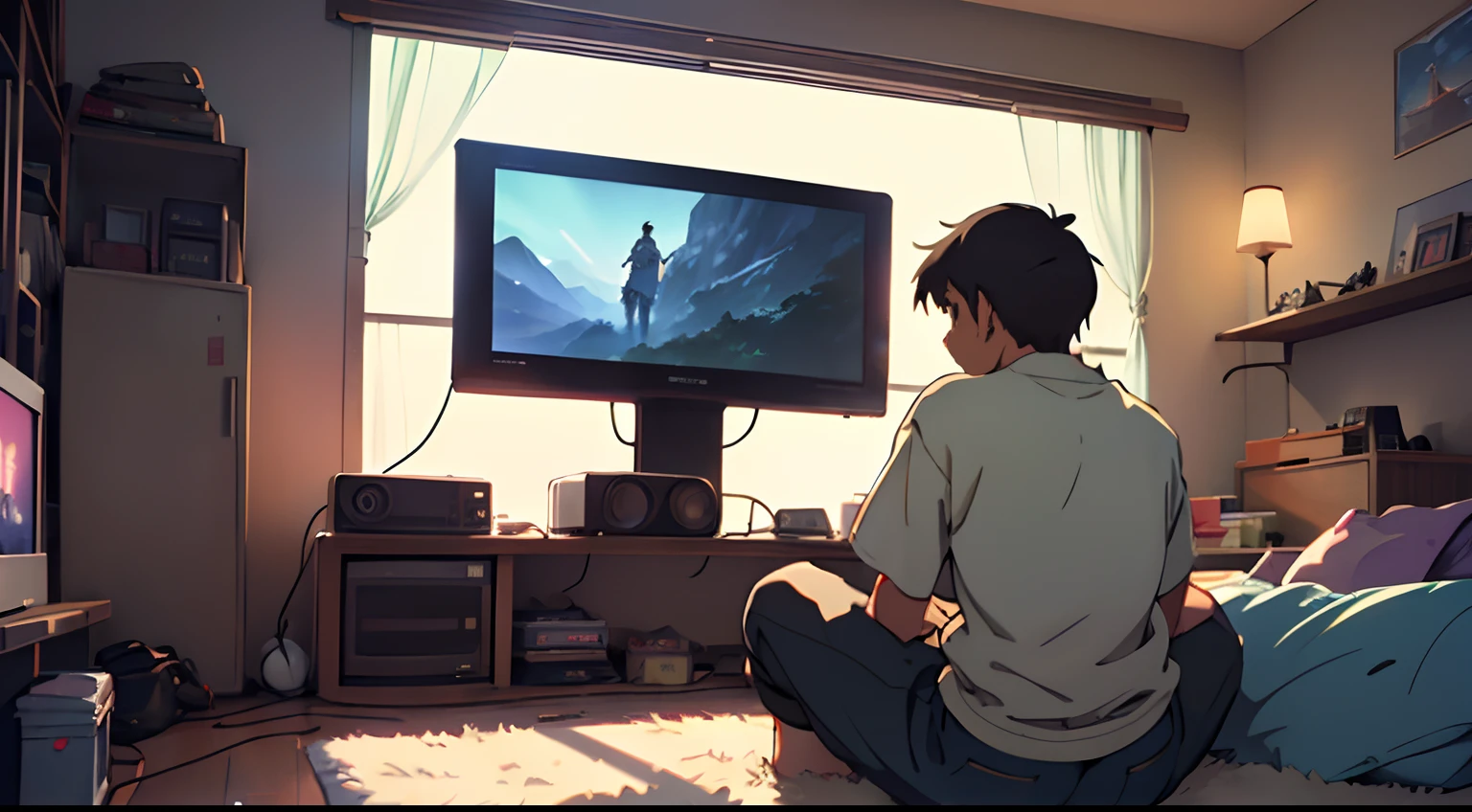 (masterpiece) (studio ghibli style, makoto shinkai style) a teenager male boy playing play station one, sitting in his roomview from behind looking to the tv, with headphones on, 90's nerd decoration, at night, blankets, crossed legs, video game on shelves on the wall, posters, Nintendo, 90's psone, calm, peacefull, thinking, stunning light, tv retro, vhs, 90's style, diskplayers, (Best quality: 1.0), (Super High Resolution: 1.0),