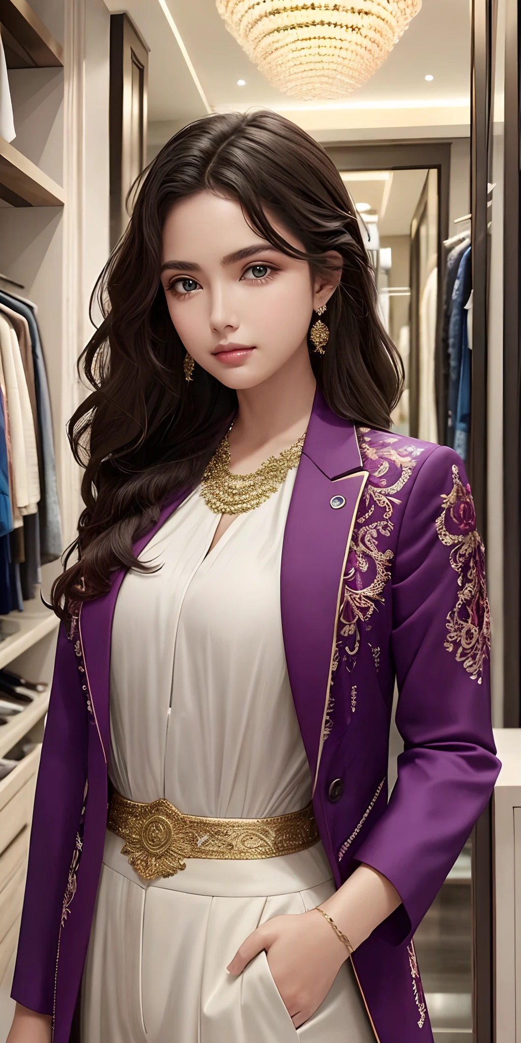 best quality, a beautiful woman, posing at the designer clothes boutique with elaborate details, colorful blouse with blazer, pants, necklace, cute, wavy hair, late evening, intricate details, soft tones, clean lines, perfect illustration, natural lighting, 8k