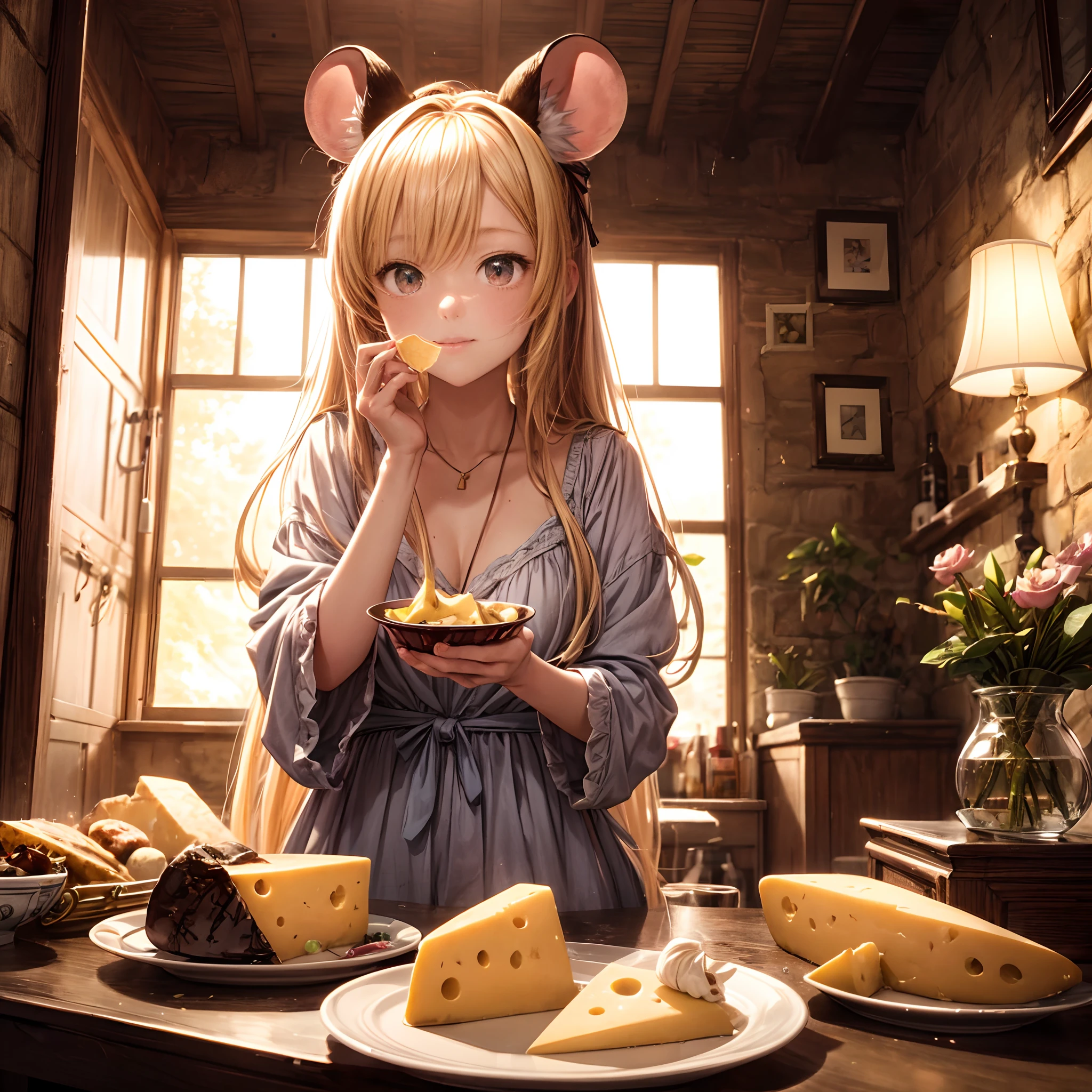 "Photograph capturing an anime-themed scene with a little girl in mouse ears, enjoying cheese in a snug room. Golden hour-like lighting, anime ambiance, enchanting."