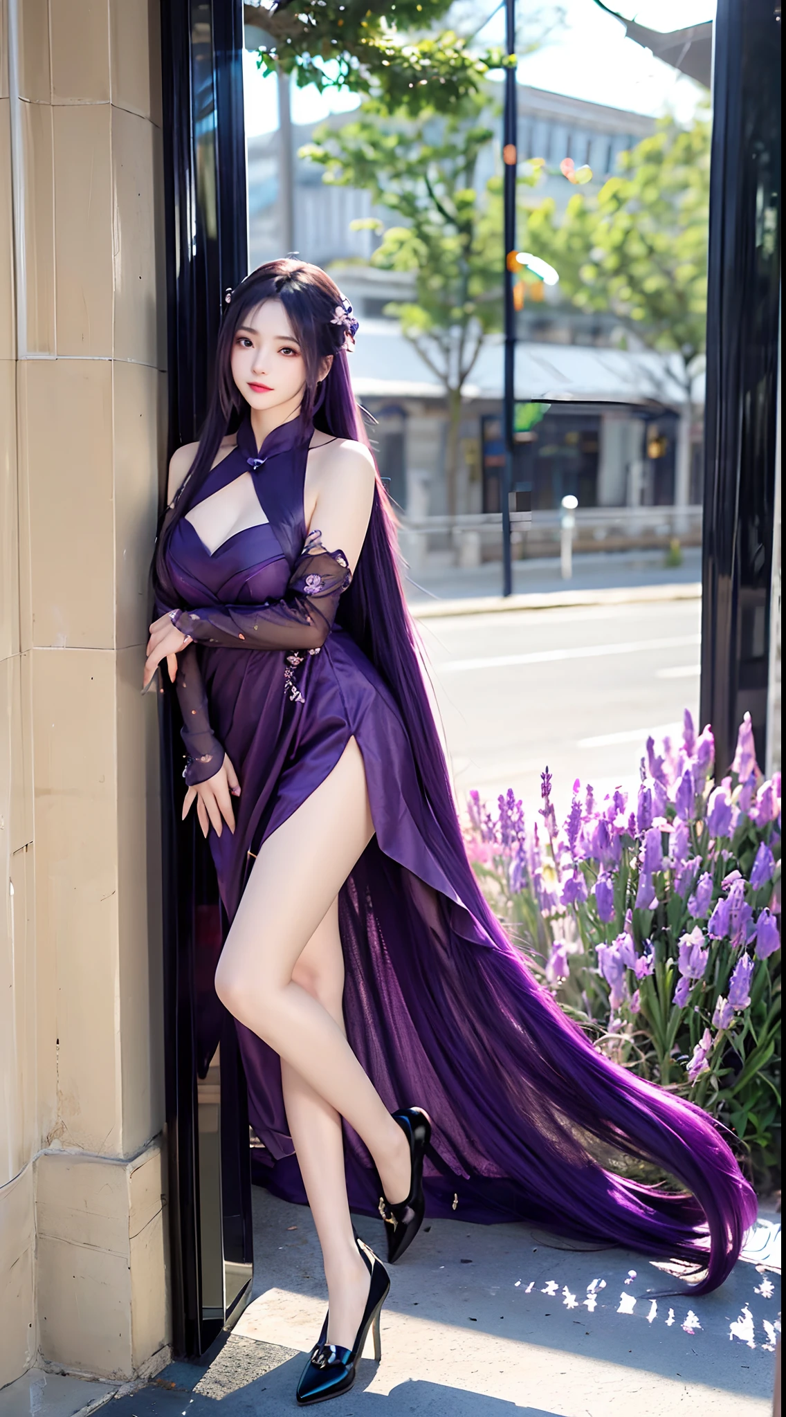 (Long lavender hair, Shining, reflective light,Light wind,Messy), (Purple eyes, vibrant, Glowing), fond violet,Sexy openwork cheongsam,Black tall stockings, Cinematic lighting