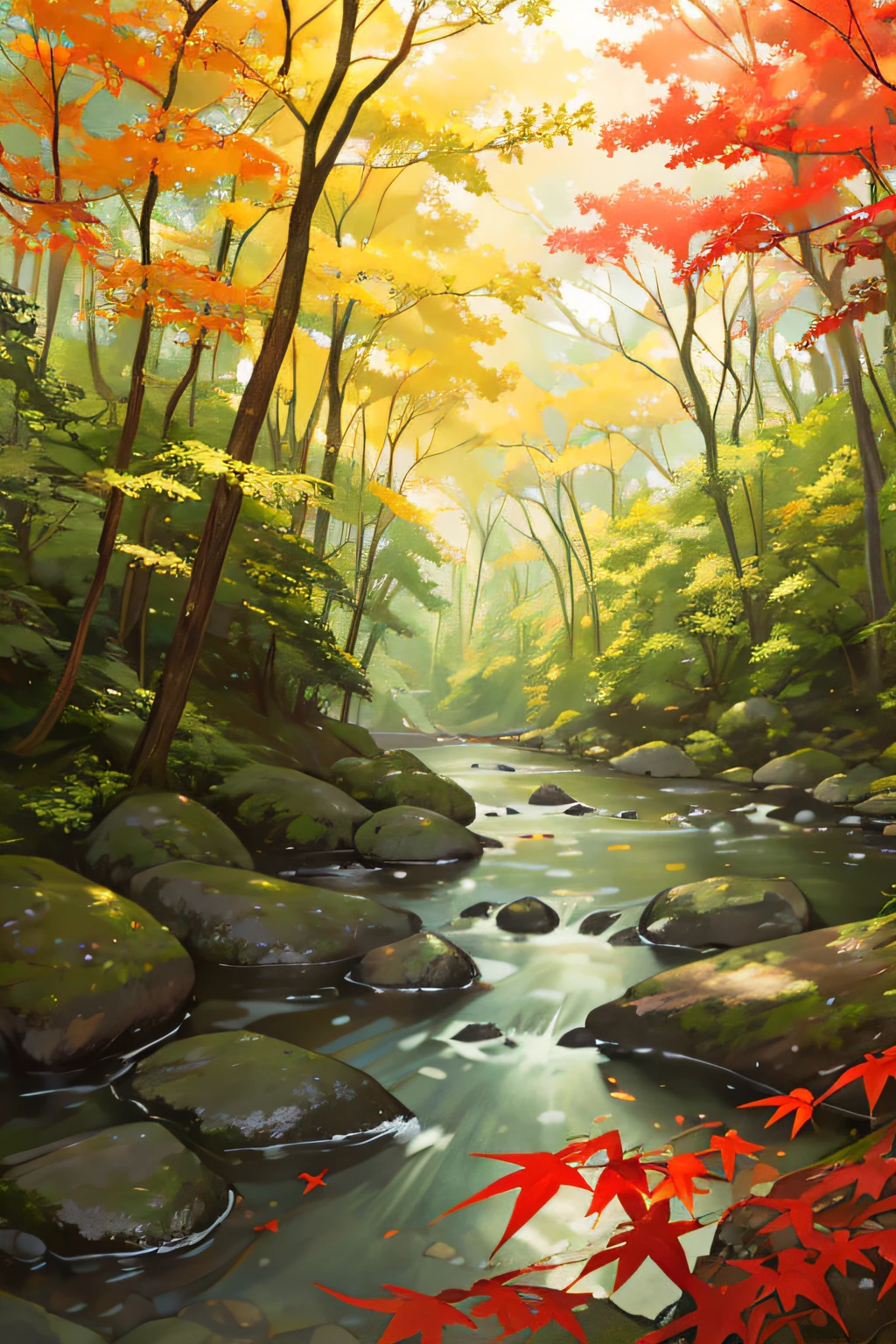 Forest
Stream
River
Spirit
Beautiful light
Leaves
Natural beauty
Wonder
Magic
Red leaves
Yellow leaves
Green forest
Light effects
Mystical ambiance
Water surface
River rocks
Shadows
Composition
Otherworldly experience