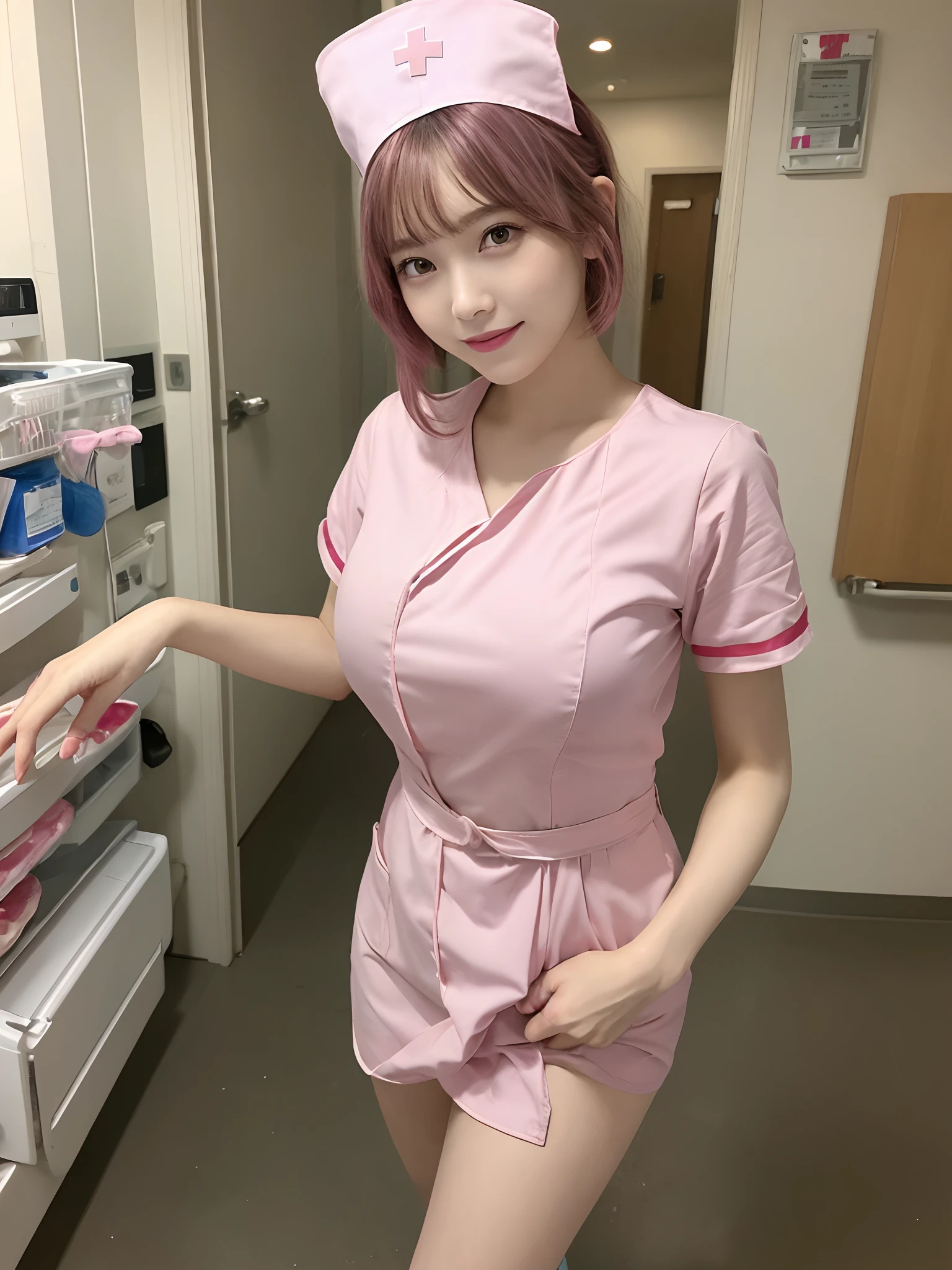masutepiece、Best Quality、ultra-detailliert、hight resolution、8K Wallpapers、Perfect dynamic composition,、Beautiful detailed eyes、Natural Color Lip、Bold sexy poses、Smile、Harajuku、20 years girl、Cute、Sexy shot looking at camera、(top-quality: 1.3), (masterpiece: 1.3), (Super Detail: 1.3), (one girls:1.1)、(Detailed hands and fingers:1.2)、(Detailed ultra-oily shiny skin:1.1)、oily shiny thighhigh、(Perfect Pink Nurse Costume:1.5)、Pink hair、pink color panties、short-hair、bouncing hair、Beautiful sister、(hospitals:1.2)、nighttime scene、Hospital Room、a bed、is standing、sexypose、(Beautiful Large Breasts:1.4)、