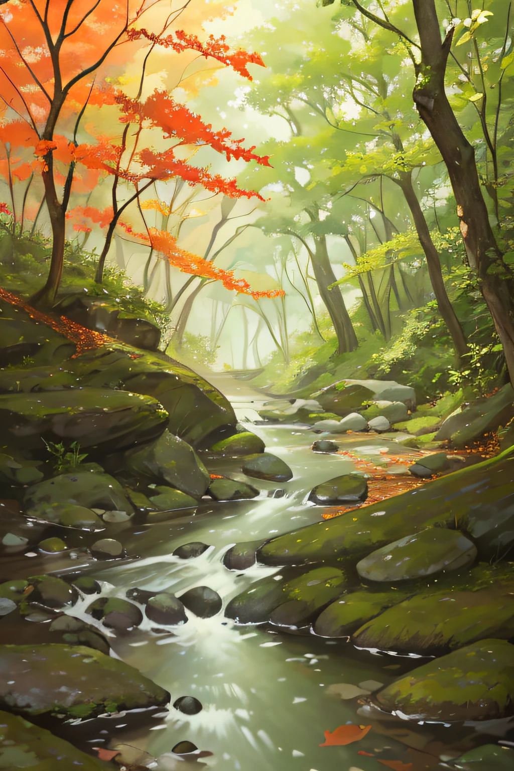 Forest
Stream
River
Spirit
Beautiful light
Leaves
Natural beauty
Wonder
Magic
Red leaves
Yellow leaves
Green forest
Light effects
Mystical ambiance
Water surface
River rocks
Shadows
Composition
Otherworldly experience