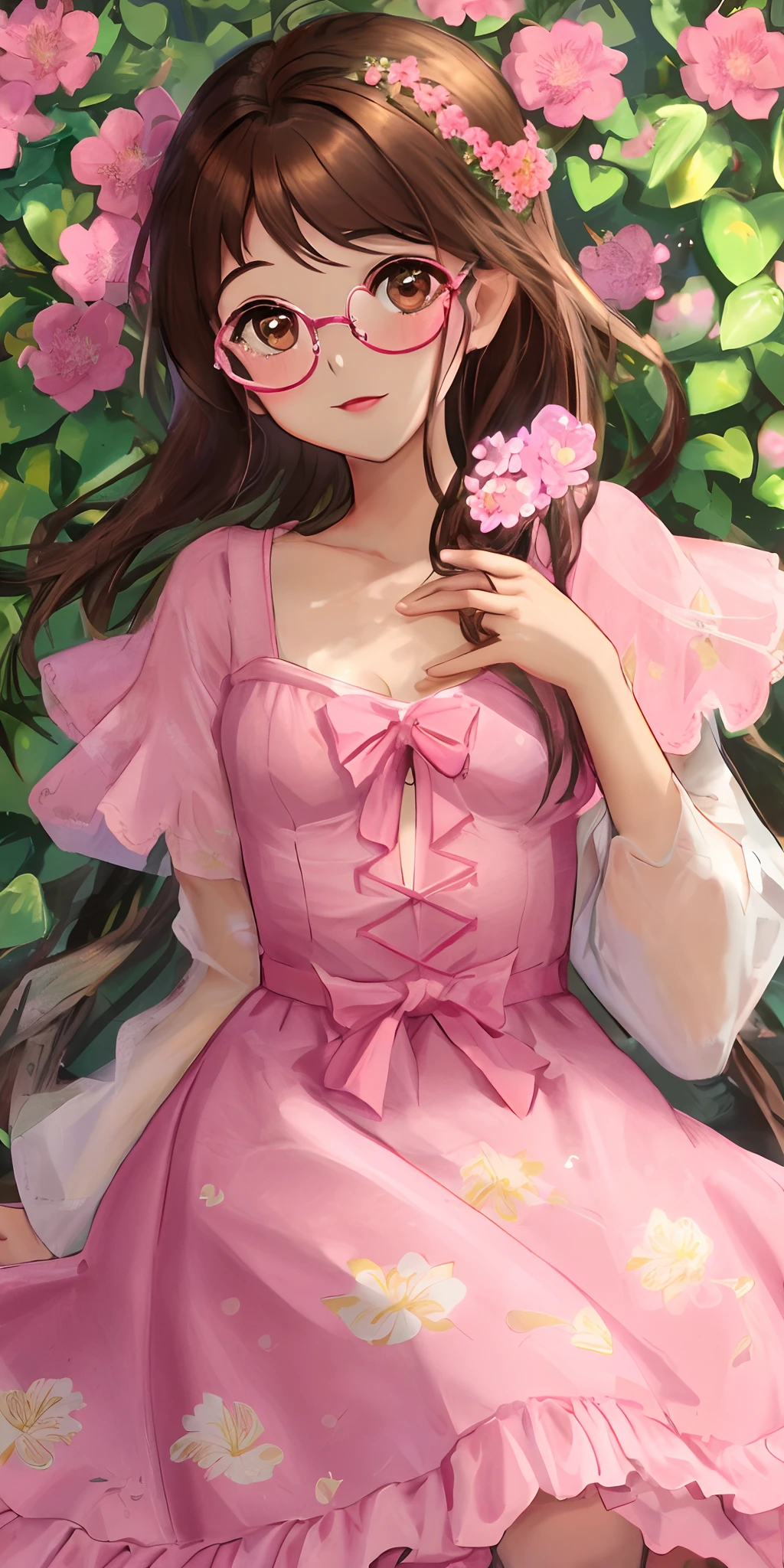 Dark brown hair brown eyes brown skinned Bangladeshi girl, with small breast size with glasses wearing a pink floral dress in valley of pink flowers surrounded my pink heart bubbles