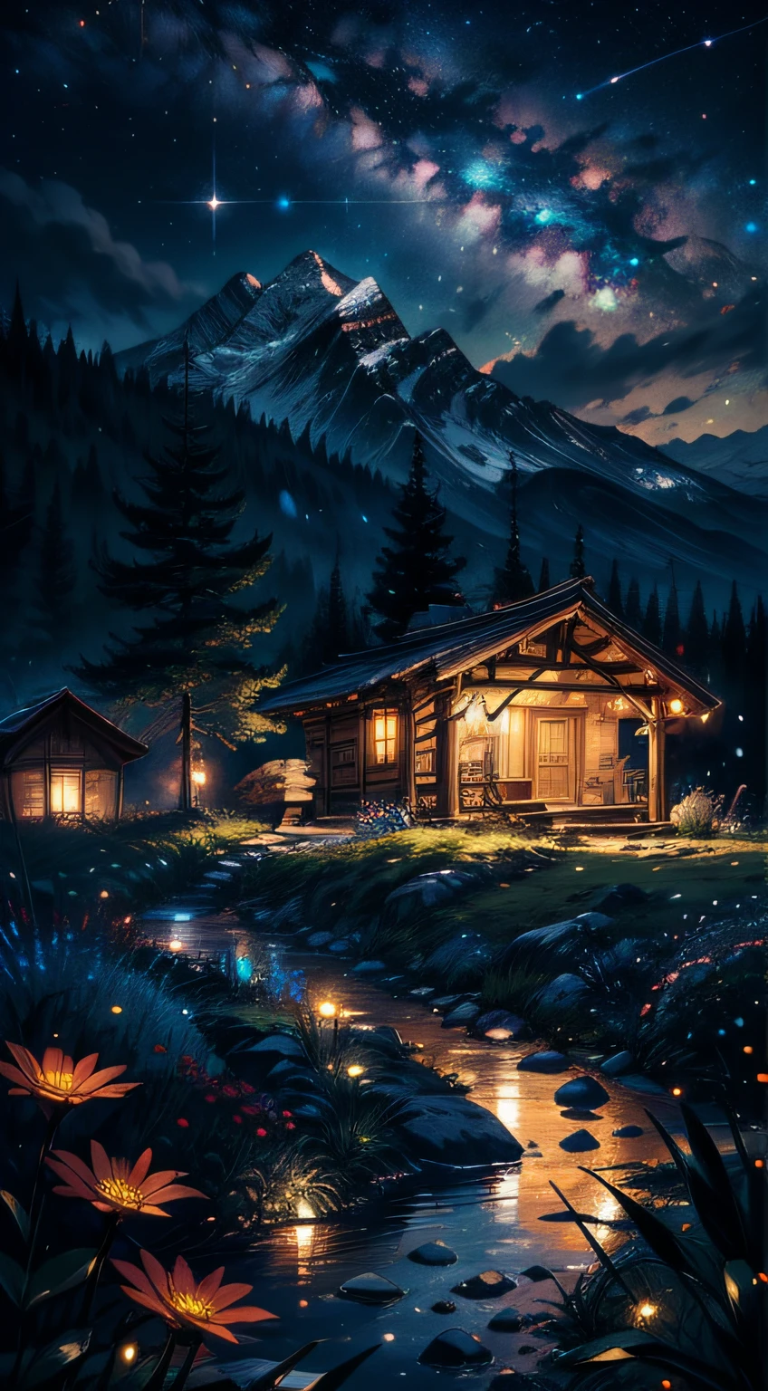 Gorgeous, Masterpiece, Best quality, landscape, A high resolution,4K, the wallpaper, Tracking lights, Mountains, Intricate, Detailed, Inside the interrupt, camp, florest, casa, magical, magic, No_Humanity, Hut, Flowers, Busy, roleplaying, lord of the ring, cozy calm,Peaceful, stunning view