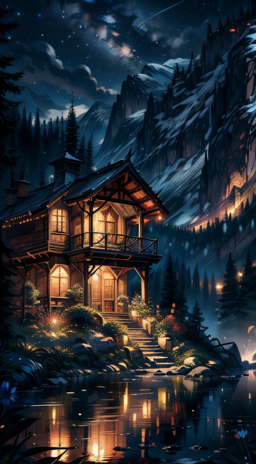 Gorgeous, Masterpiece, Best quality, landscape, A high resolution,4K, the wallpaper, Tracking lights, Mountains, Intricate, Detailed, Inside the interrupt, camp, florest, casa, magical, magic, No_Humanity, Hut, Flowers, Busy, roleplaying, lord of the ring, cozy calm,Peaceful, stunning view