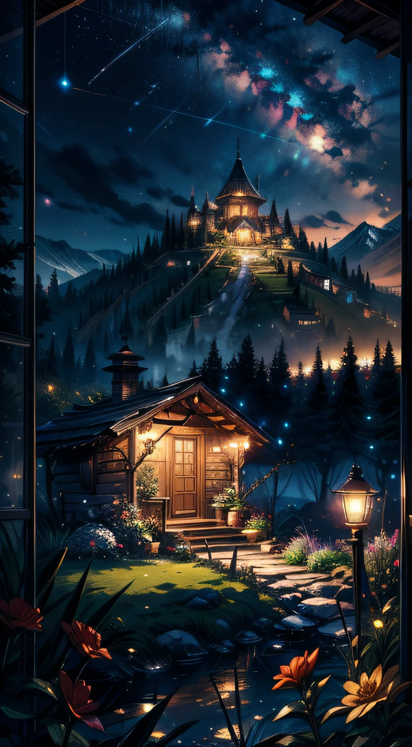 Gorgeous, Masterpiece, Best quality, landscape, A high resolution,4K, the wallpaper, Tracking lights, Mountains, Intricate, Detailed, Inside the interrupt, camp, florest, casa, magical, magic, No_Humanity, Hut, Flowers, Busy, roleplaying, lord of the ring, cozy calm,Peaceful, stunning view