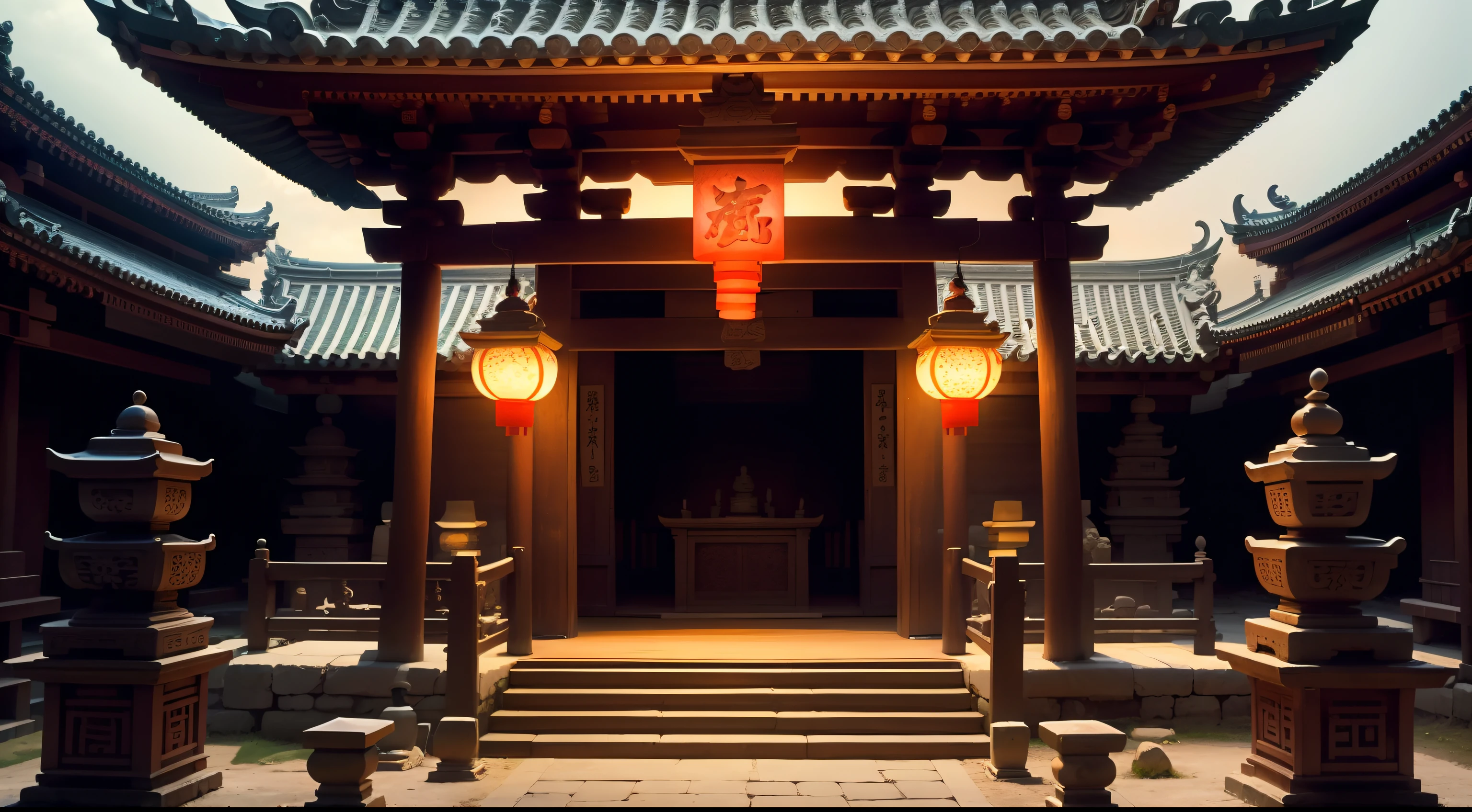 Highlight a serene temple or shrine with intricate architecture, stone lanterns, and characters making offerings or praying.