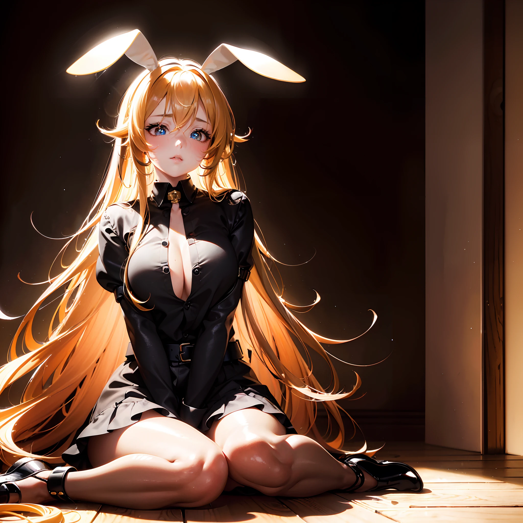 (Best quality,16k wallpaper,high resolution:1.2),Red to yellow hair, wavy and long hair, Shiny hair color, Perfectly detailed face, full pouty lips, watery big eyes, Vertical pupils, reflective light, Woman with rabbit ears, Black and white shirt, Lazily lying in a solid wooden box, Soft lighting, full body shot of