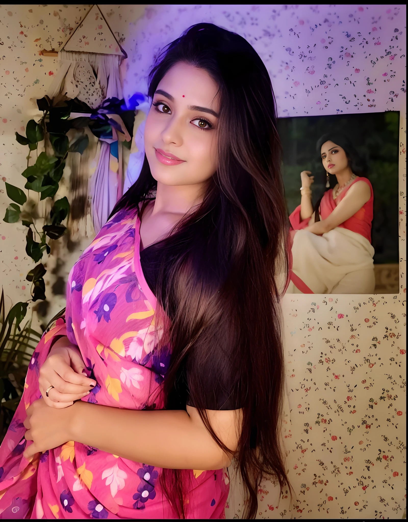 a woman in a sari posing for a picture, indian goddess, traditional beauty, indian, beautiful goddess, ornate cosplay, indian style, indian super model, beautiful maiden, gorgeous woman, south east asian with long, provocative indian, gorgeous beautiful woman, intricate outfit, hindu aesthetic, beautiful asian girl, extremely detailed goddess shot, jaw-dropping beauty, big boobs deep cleavage sexy navel