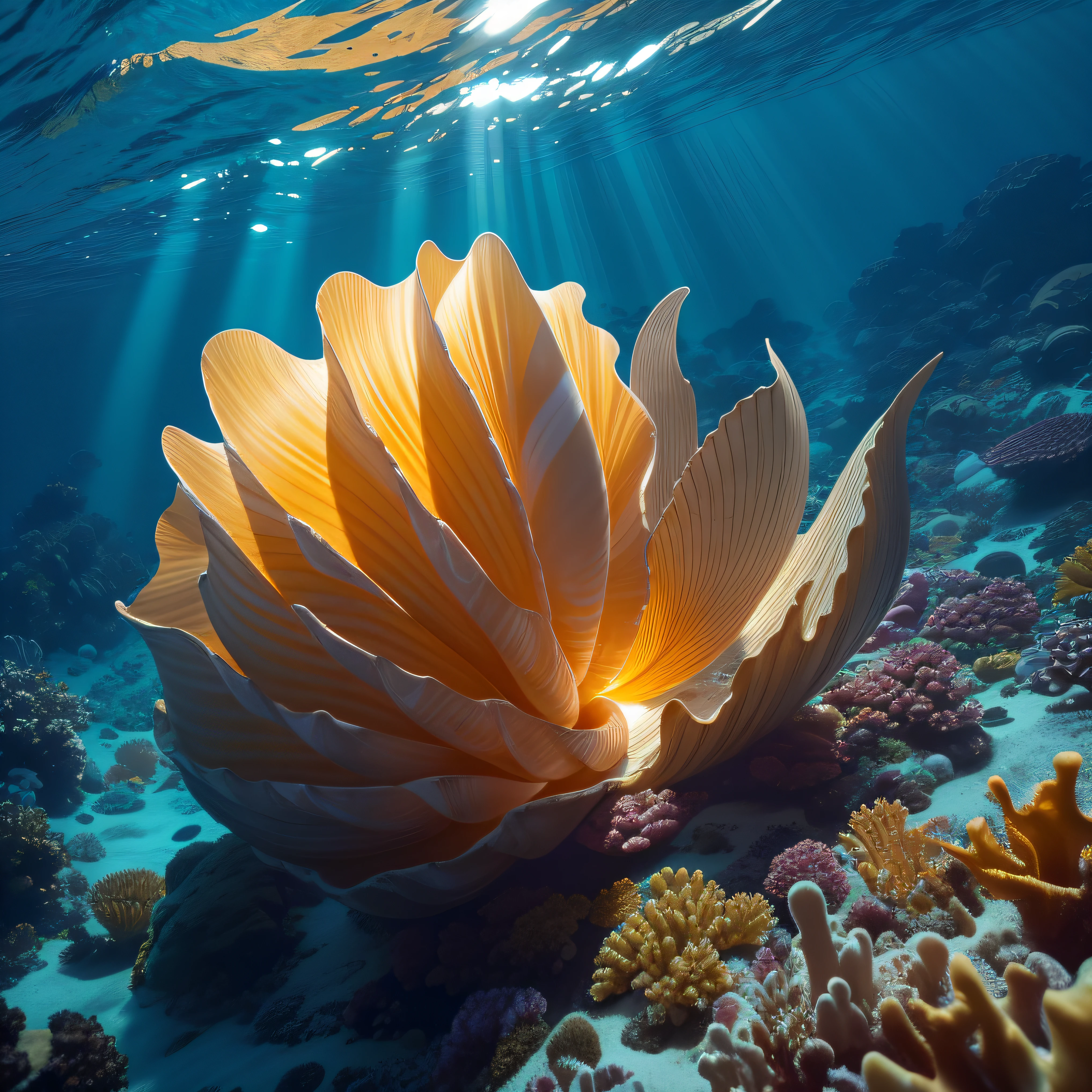 A mesmerizing image of a luminescent, iridescent whelk, glowing with dazzling colors in the deep blue depths of the Pacific Ocean, the sun's rays filter through the water's surface, casting a soft, golden glow on the scene. wide-angle lens, long exposure, high contrast