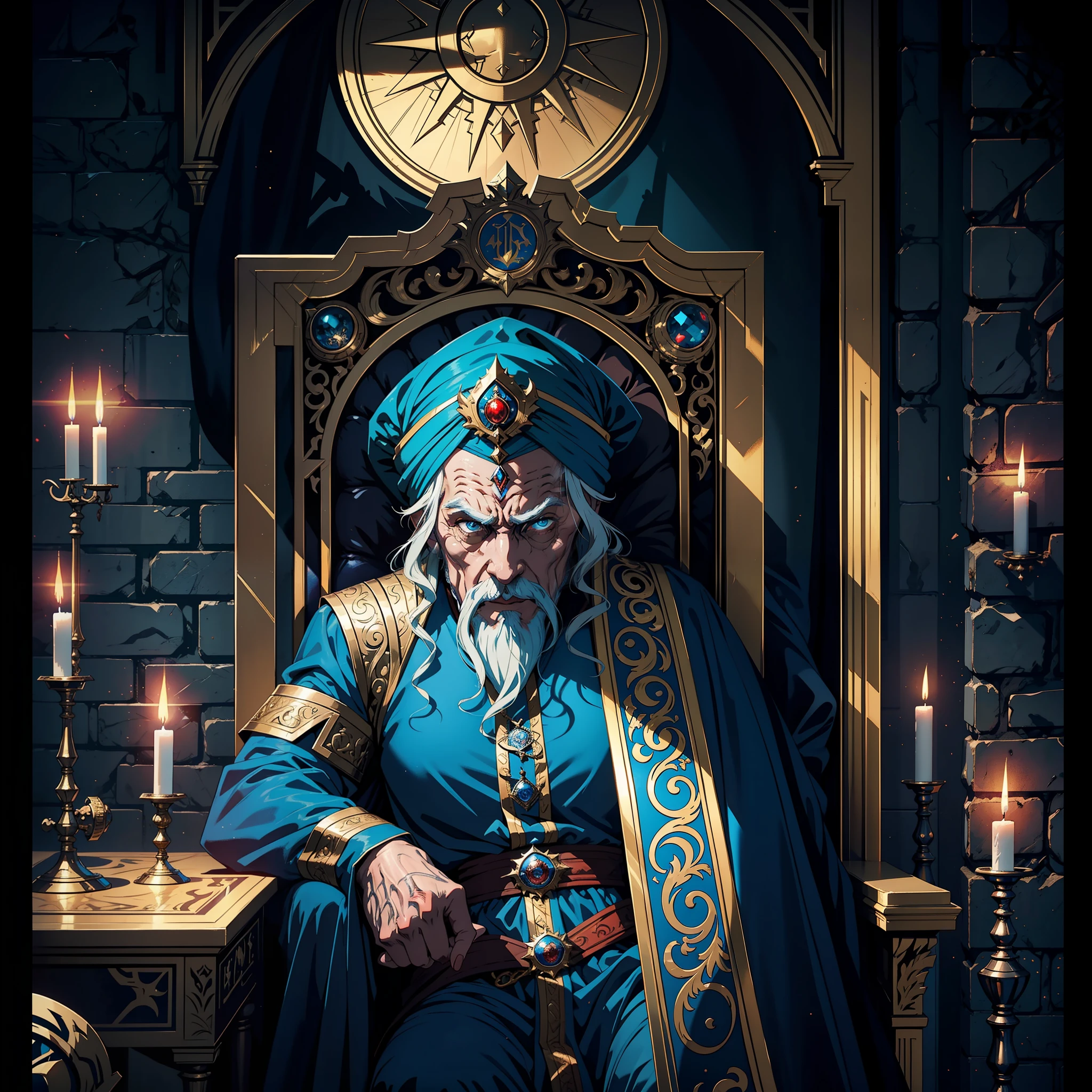 Castlevania Super Realistic Shadow Lord Super Detailed Dynamic Shot Centerpiece Cinematic Epic Movie Scenes Legendary King Sultan Old Man with Blue Turban Next To Him Lord Dracula His Sun In The Middle  Years In The Throne Room Legendary Scene 3D View