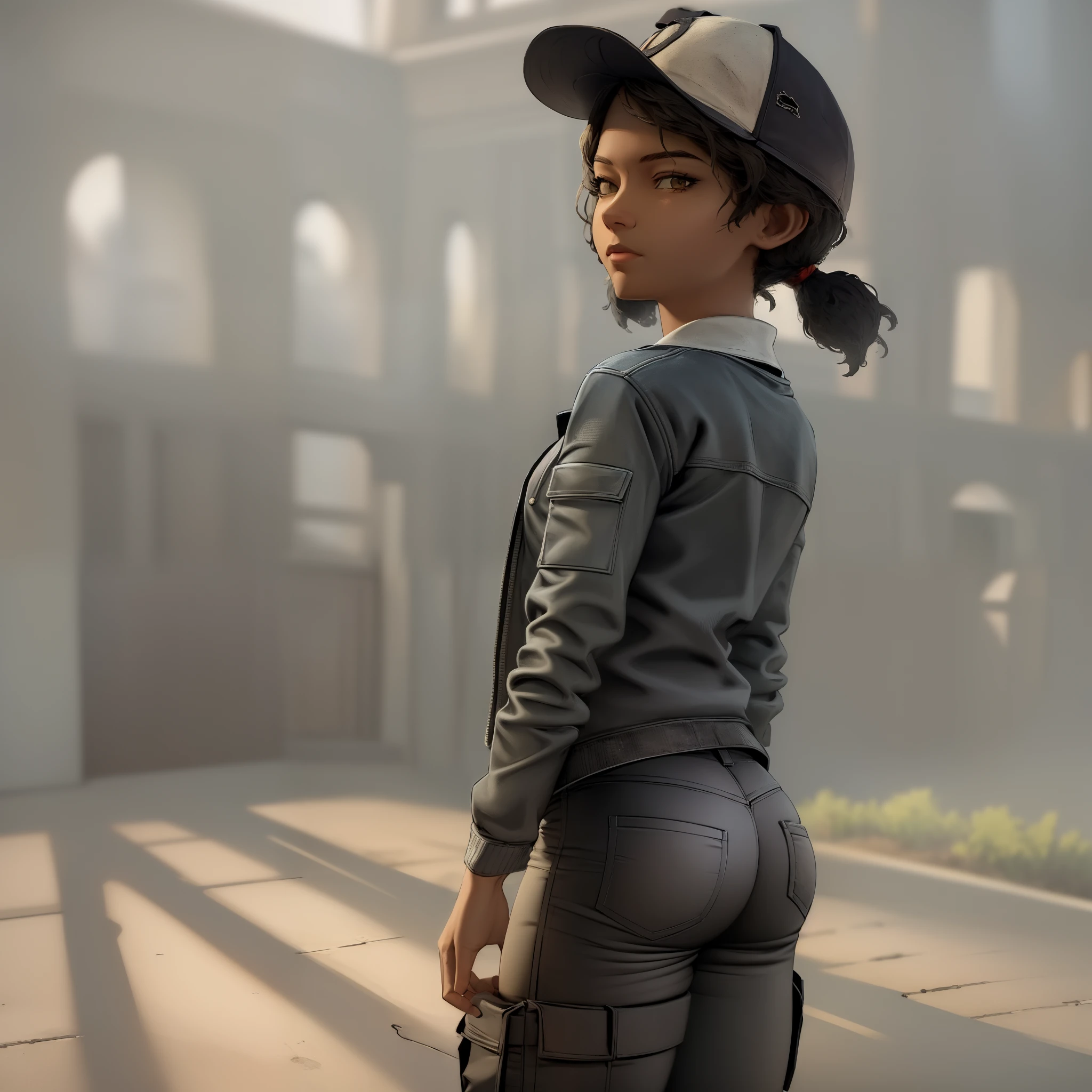 ((masterpiece, best quality)),(complex lighting) , solo,1girl,upper body, clementine,  dark skin,dark-skinned female,  baseball cap, green cargo pants, shirt, short twintails,open jacket, big butt