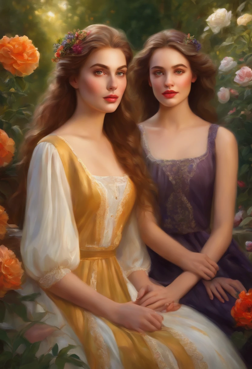 (detailed realistic characters, detailed eyes, detailed lips, 2girls),oil painting, vibrant colors, lush garden, beautiful flowers, soft sunlight, harmonious composition, masterful brushwork, highres, vivid colors, stunning lighting, serene atmosphere