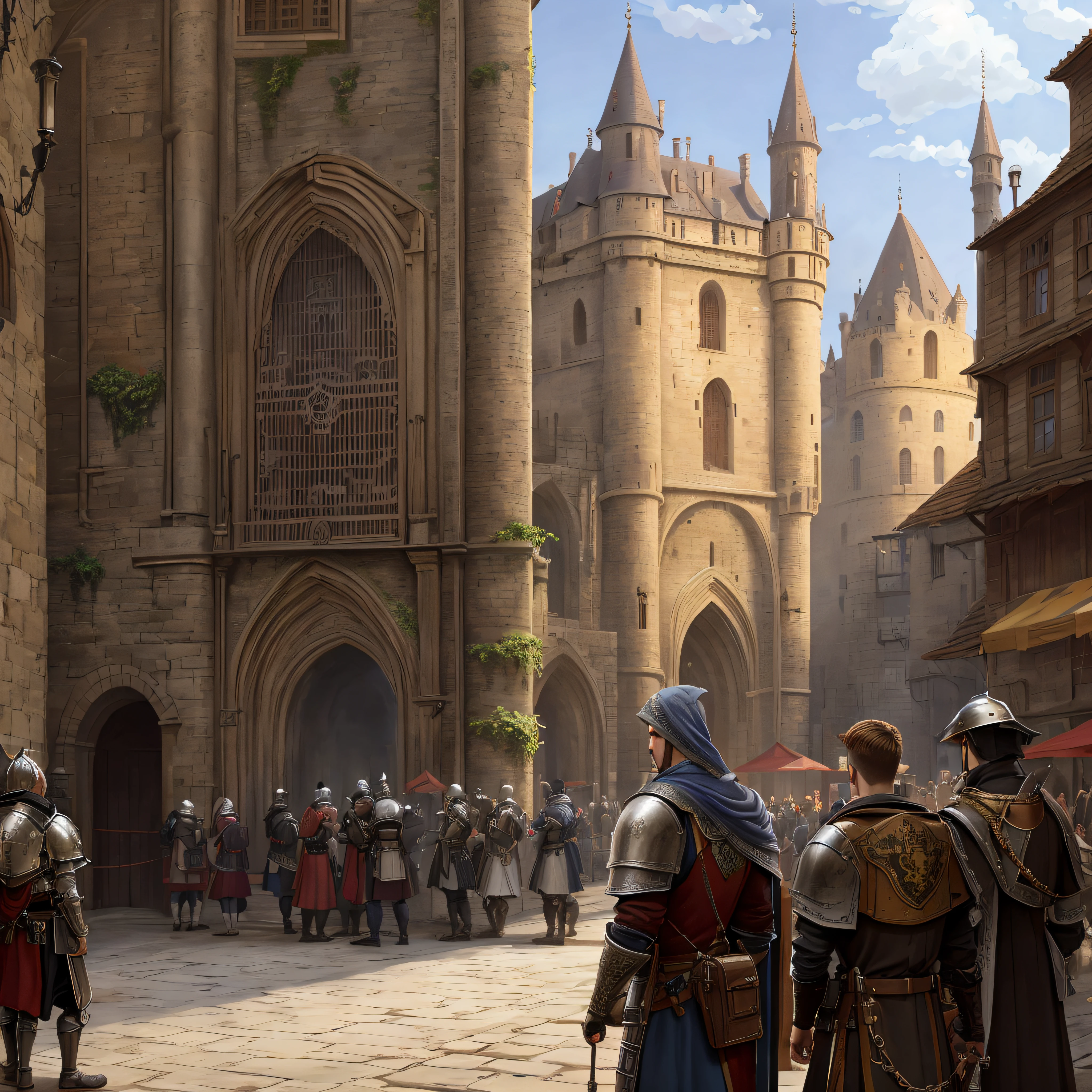 viewer behind action, a young, waiting in a queue of people, in front of a medieval city gate, two armored guards checking documents at the gate, outside the city, fantasy style, highly detailed