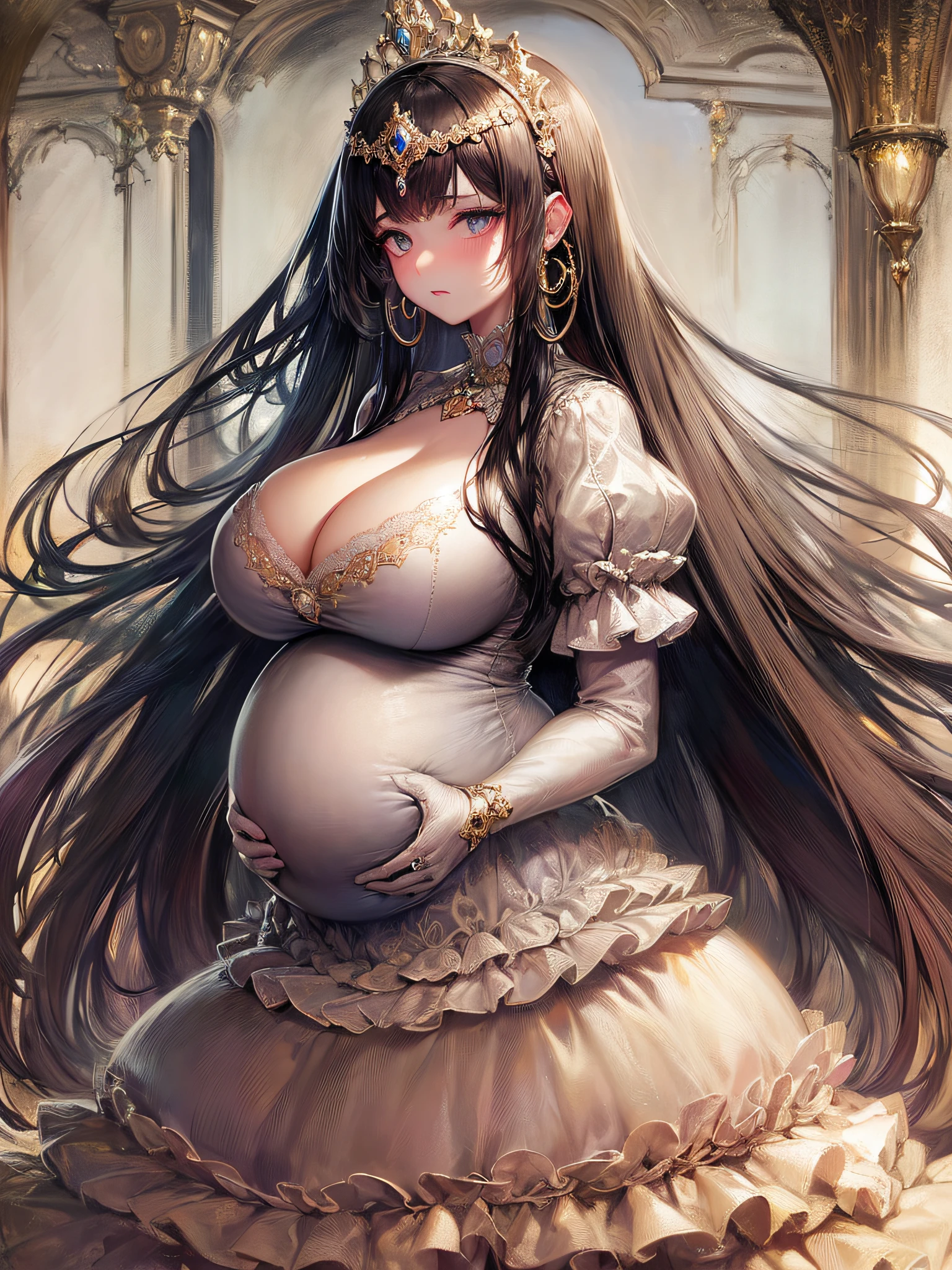 ((anime artstyle)),(Masterpiece),(Best Quality), (Super Detail),(Highly Detailed CG Unity 8k wallpaper),((Very Delicate and Beautiful)),cinematic lighting,1 pregnant girl,((full body portrait)),((standing in garden)),((solo)),(((1 pregnant princess in extremely gorgeous rococo princess ballgown with voluminous full length hoop skirt))),((((heavily pregnant)))),(((huge crinoline hoopskirt))),long train,((gorgeous embroidery and jeweled)),voluminous frills,See-through,(((extremely gigantic tits,skindentation))),cleavage,((absurdly Long Straight Hair,extremely voluminous Straight long Hair,absurdly Long Straight Hair)),(finely detailed face and eyes),((embarrassed)),anguish,clear pupil,extremely gorgeousfull hair ornament,(bling-bling jeweled extremely gorgeousfull tiara),((bling-bling gorgeous gemstone jewelry)),gorgeous long veil,((ultra long gloves)),(beautiful background),(full body),((gorgeous embroidery and jeweled extremely gorgeous rococo princess ballgown with voluminous full length hoop skirt))