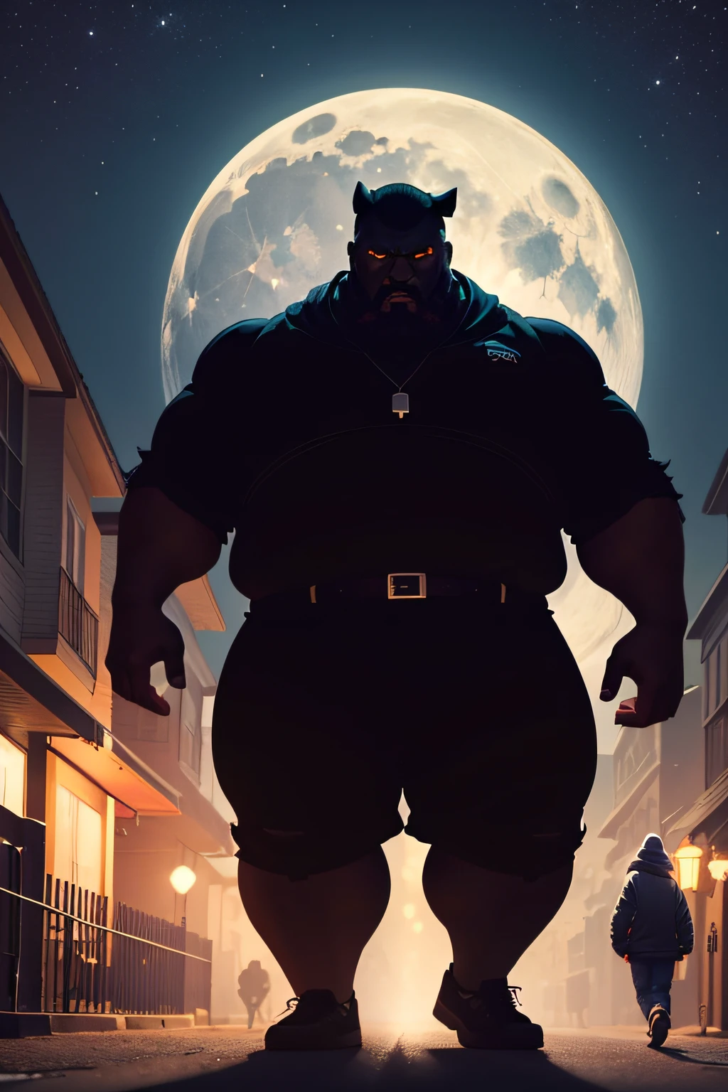 A big black man stalking children during halloween, Big dick randy, black male, scary, halloween candy, night sky, big moon, empty street, stalking child,  boy in costume, black man